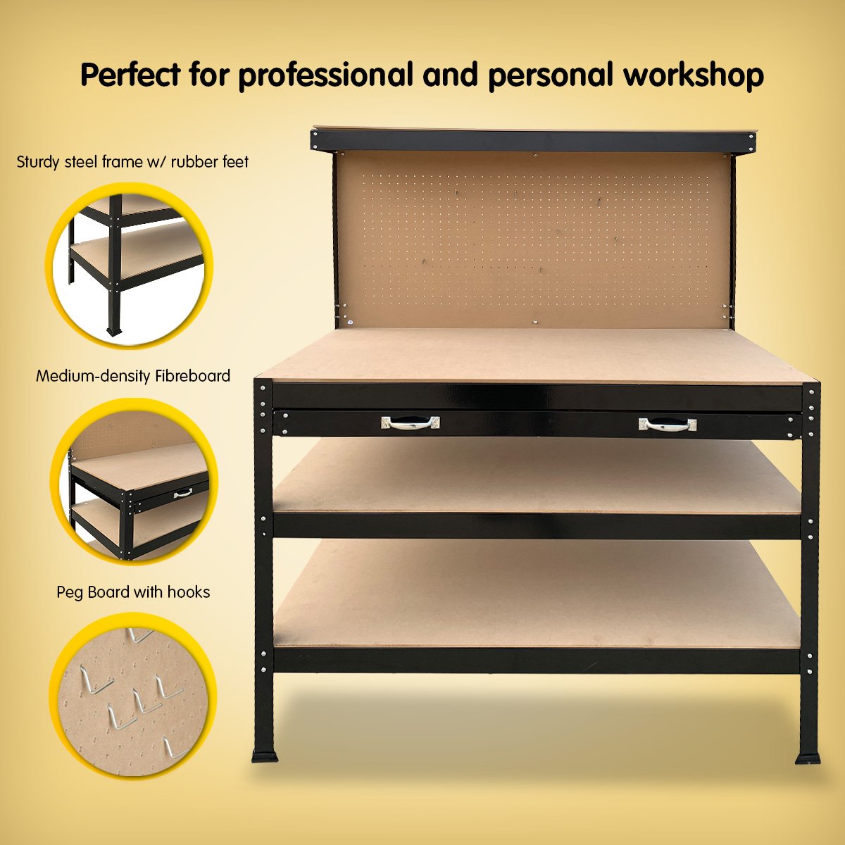 Kartrite 3-Layer Workbench Steel Frame MDF Garage Storage with Pegboard