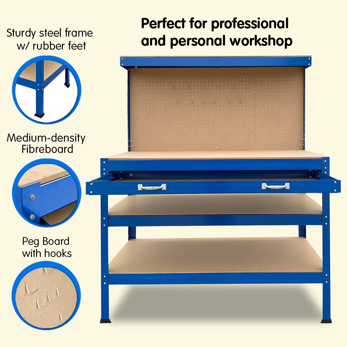 Kartrite 3-Layer Workbench Garage Storage Shelf with Pegboard and Drawer
