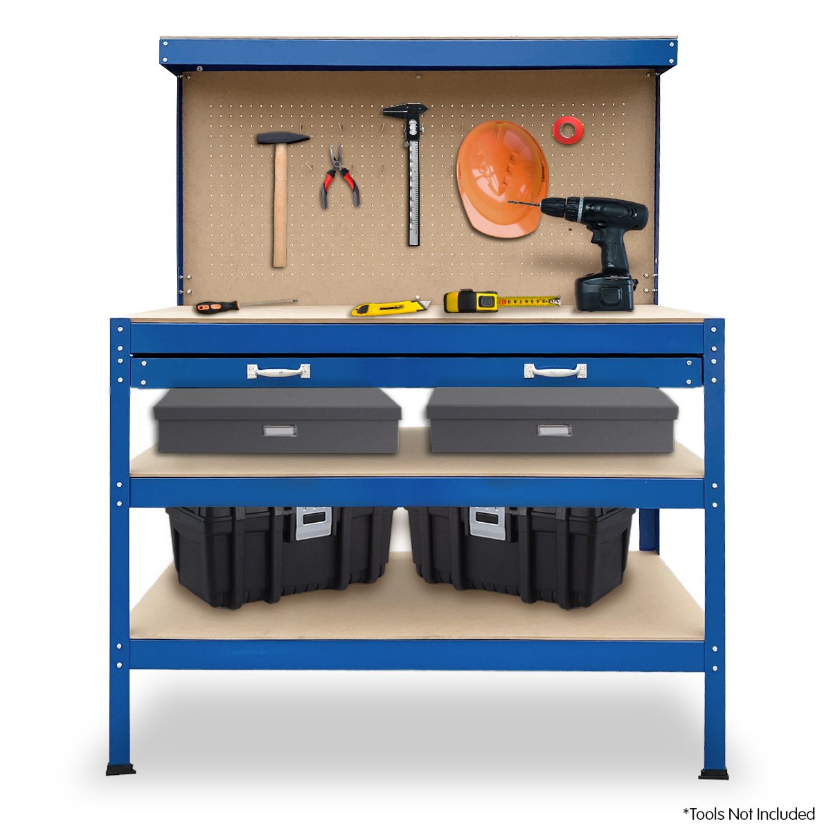 Kartrite 3-Layer Workbench Garage Storage Shelf with Pegboard and Drawer