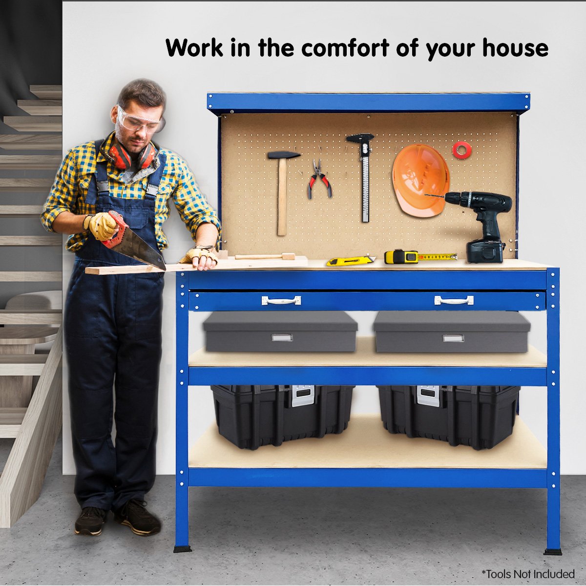 Kartrite 3-Layer Workbench Garage Storage Shelf with Pegboard and Drawer