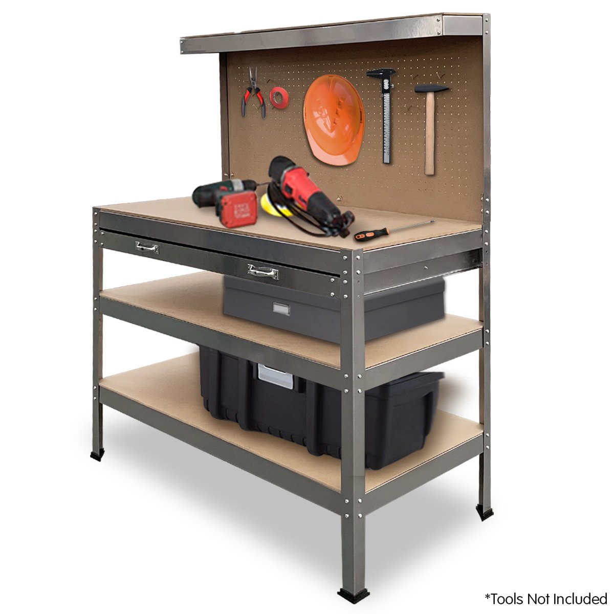 Heavy-Duty Steel Workbench with Drawer, Pegboard, 195kg Load