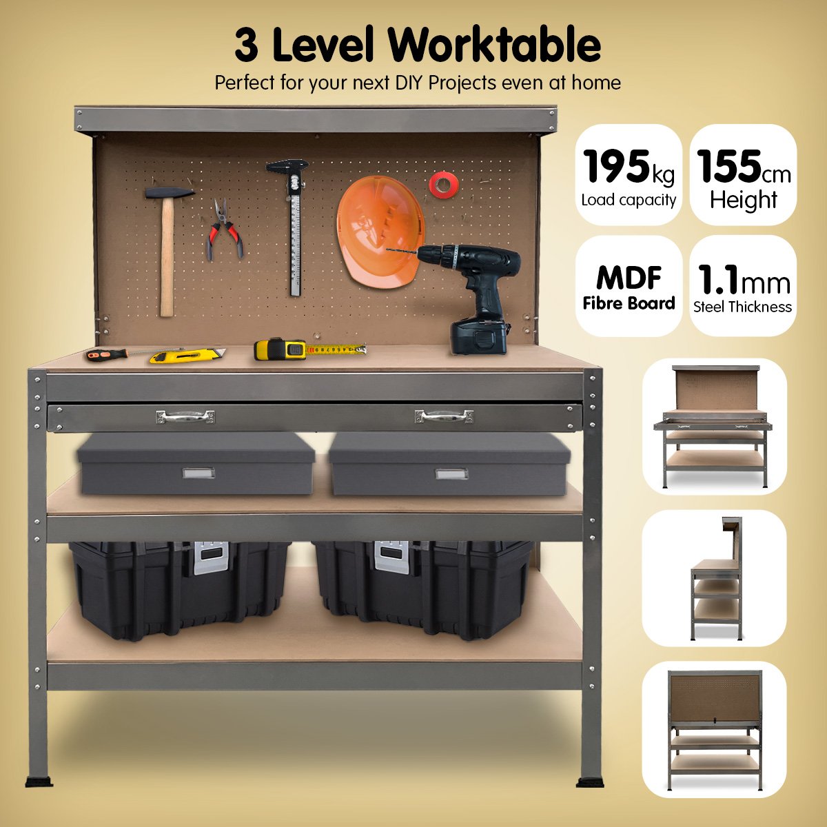 Heavy-Duty Steel Workbench with Drawer, Pegboard, 195kg Load