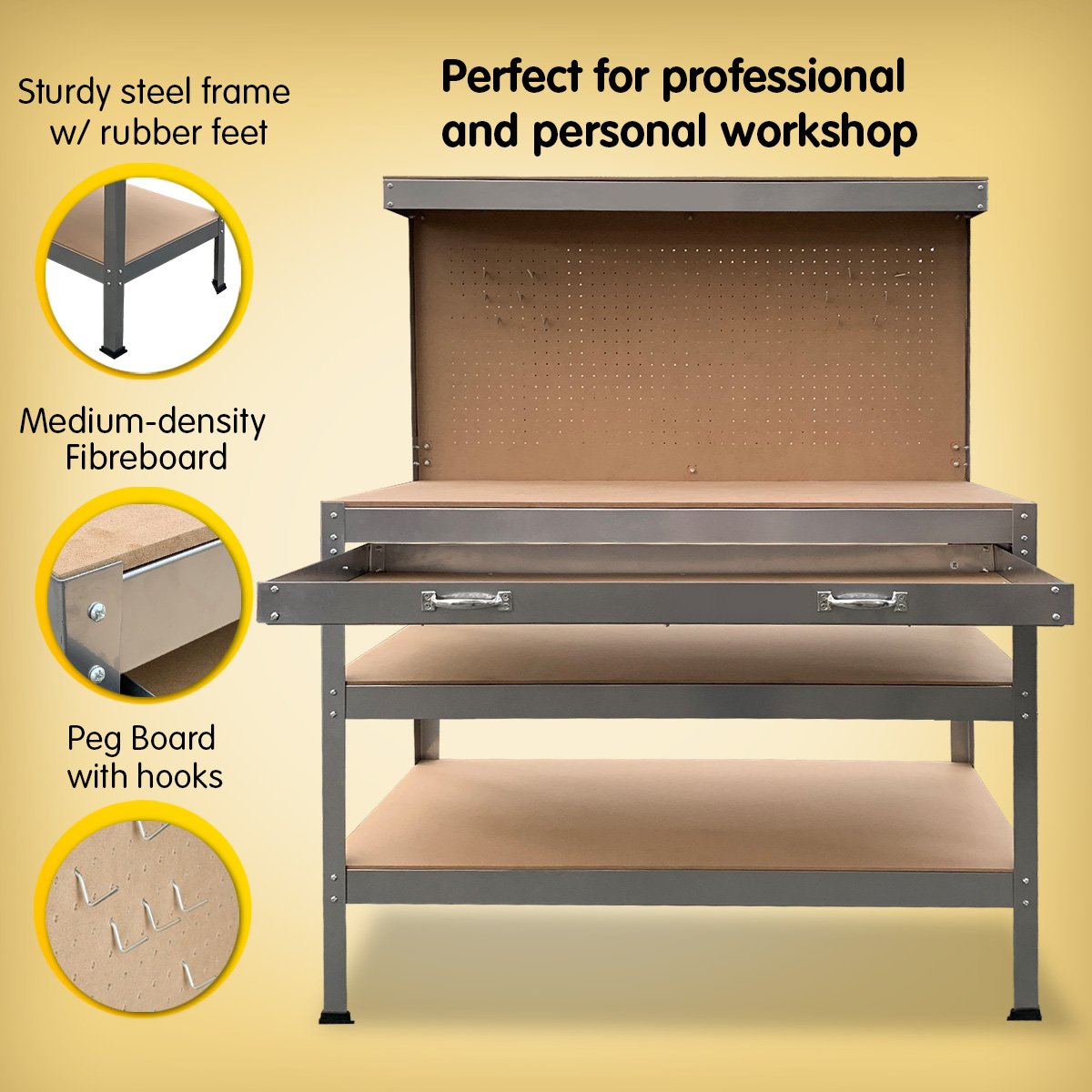 Heavy-Duty Steel Workbench with Drawer, Pegboard, 195kg Load