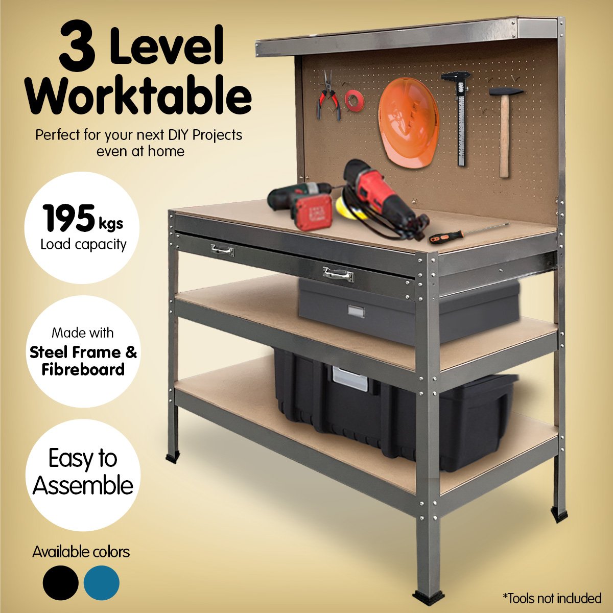 Heavy-Duty Steel Workbench with Drawer, Pegboard, 195kg Load