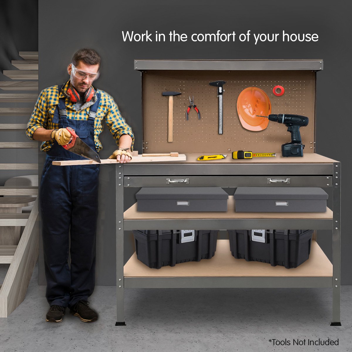 Heavy-Duty Steel Workbench with Drawer, Pegboard, 195kg Load