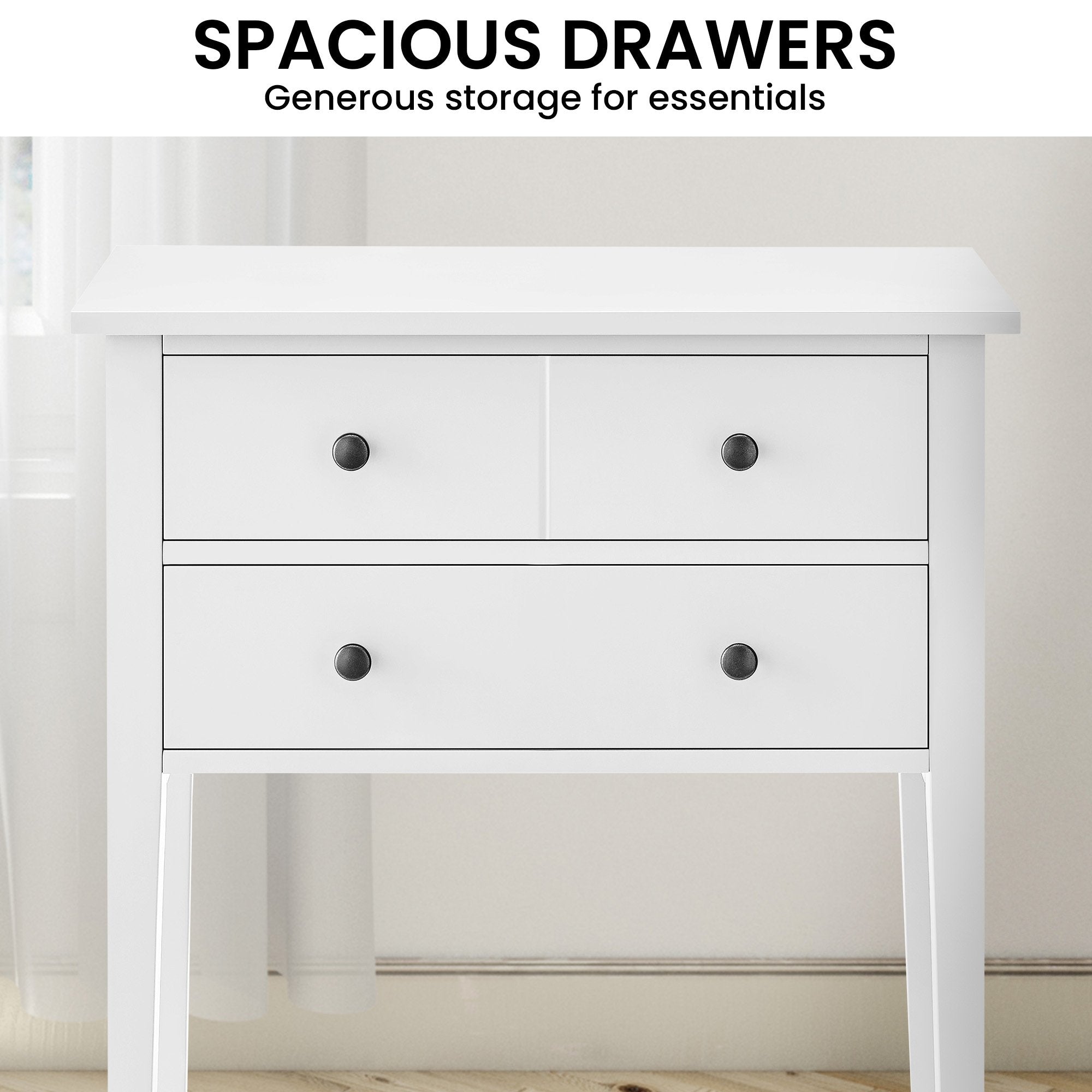 High-Leg Bedside Table, Spacious Drawers - White | Sarantino