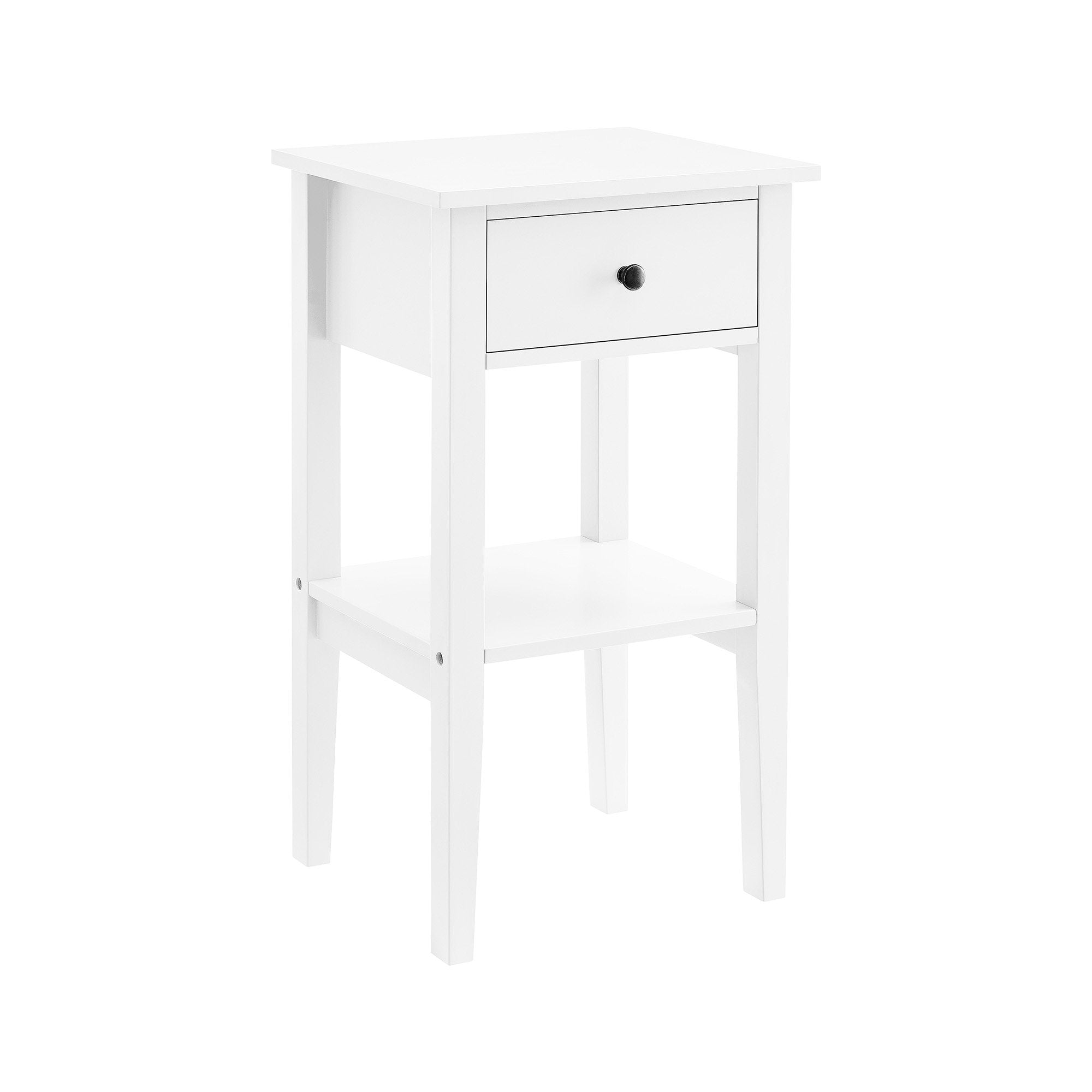 White High-Leg Bedside Table with Drawer & Shelf Storage