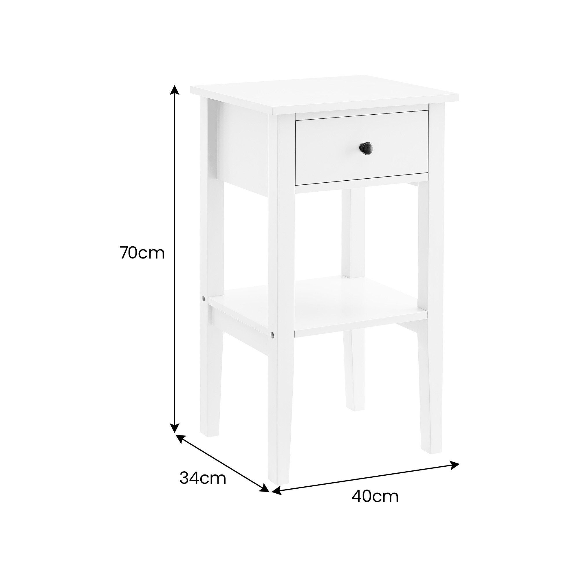 White High-Leg Bedside Table with Drawer & Shelf Storage