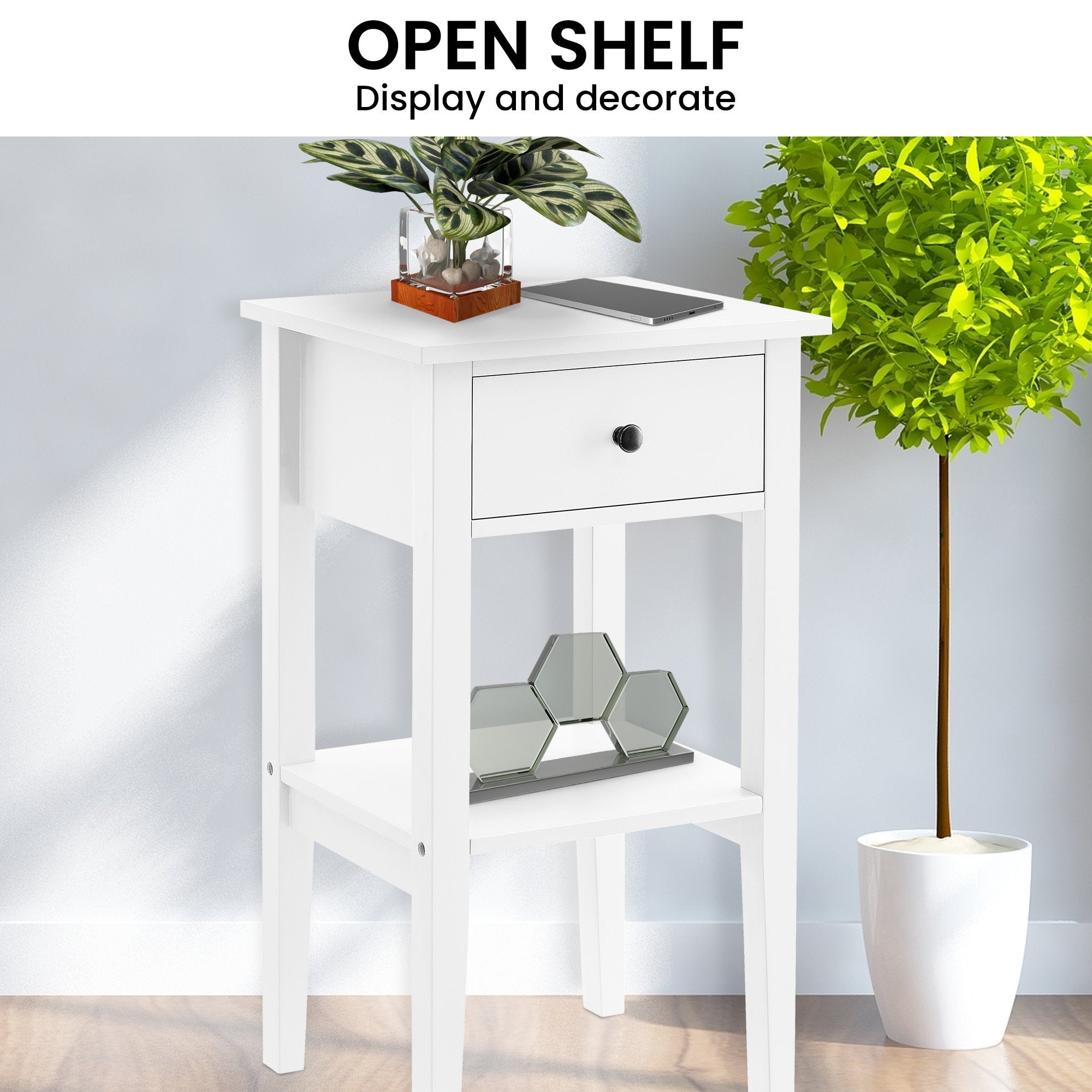 White High-Leg Bedside Table with Drawer & Shelf Storage