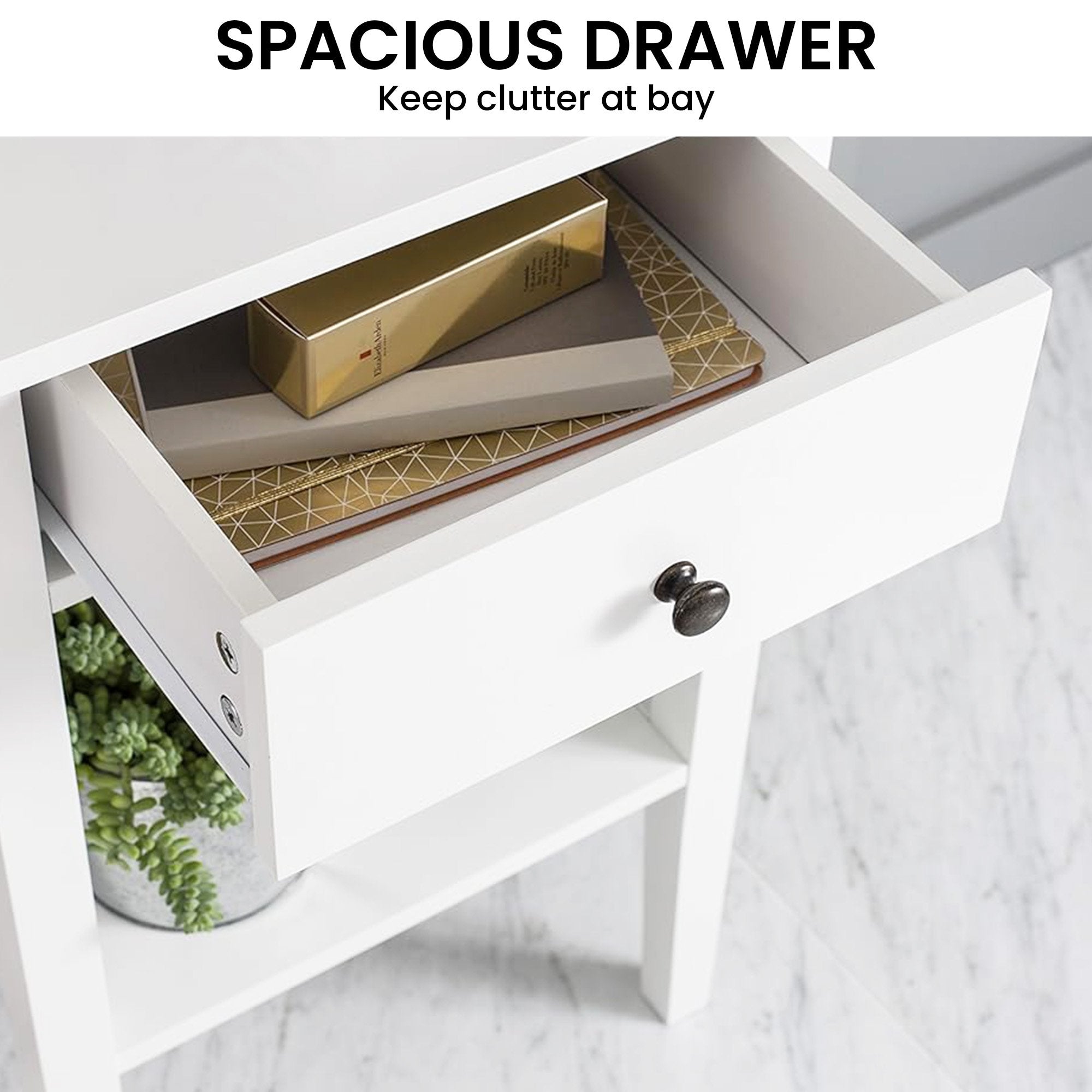 White High-Leg Bedside Table with Drawer & Shelf Storage