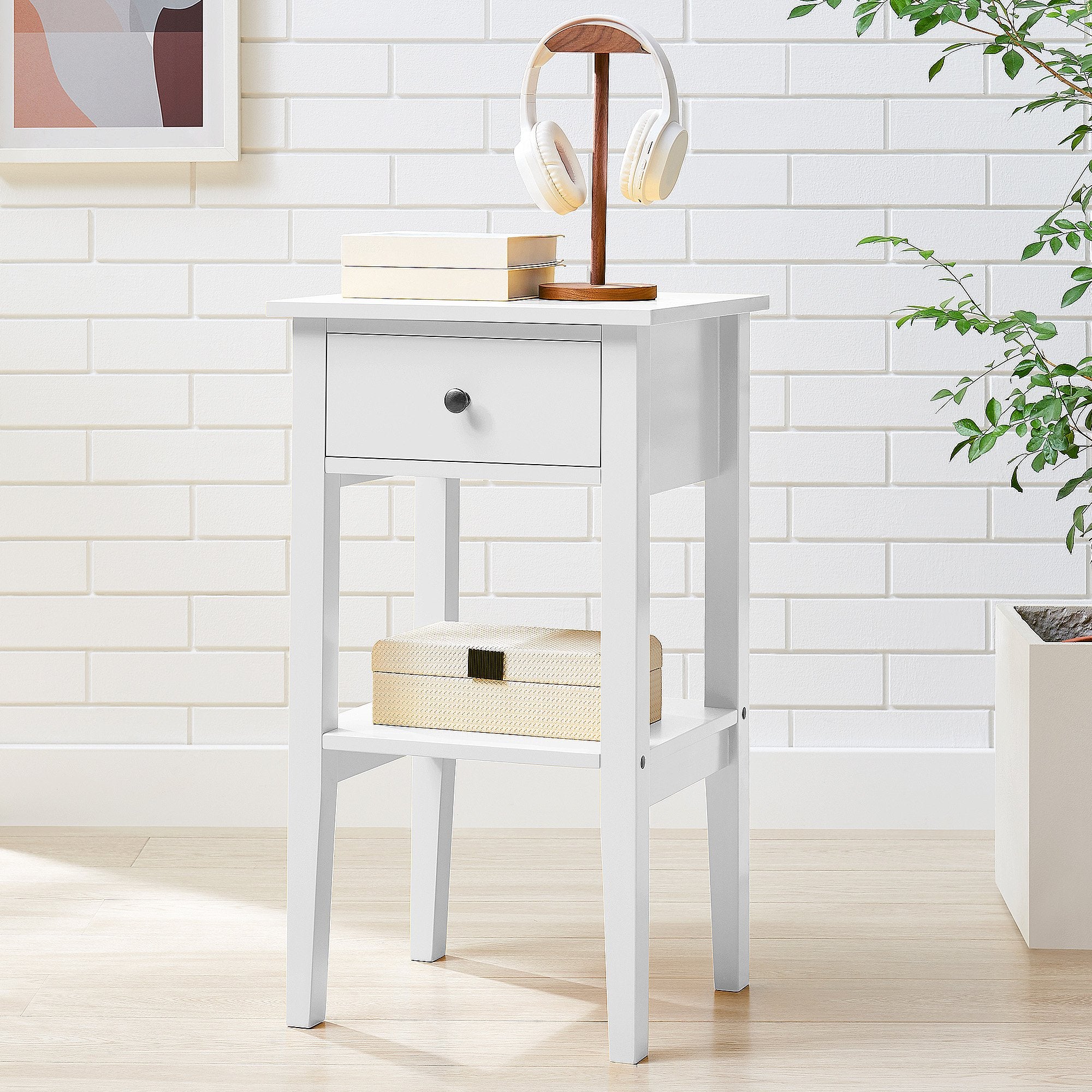 White High-Leg Bedside Table with Drawer & Shelf Storage