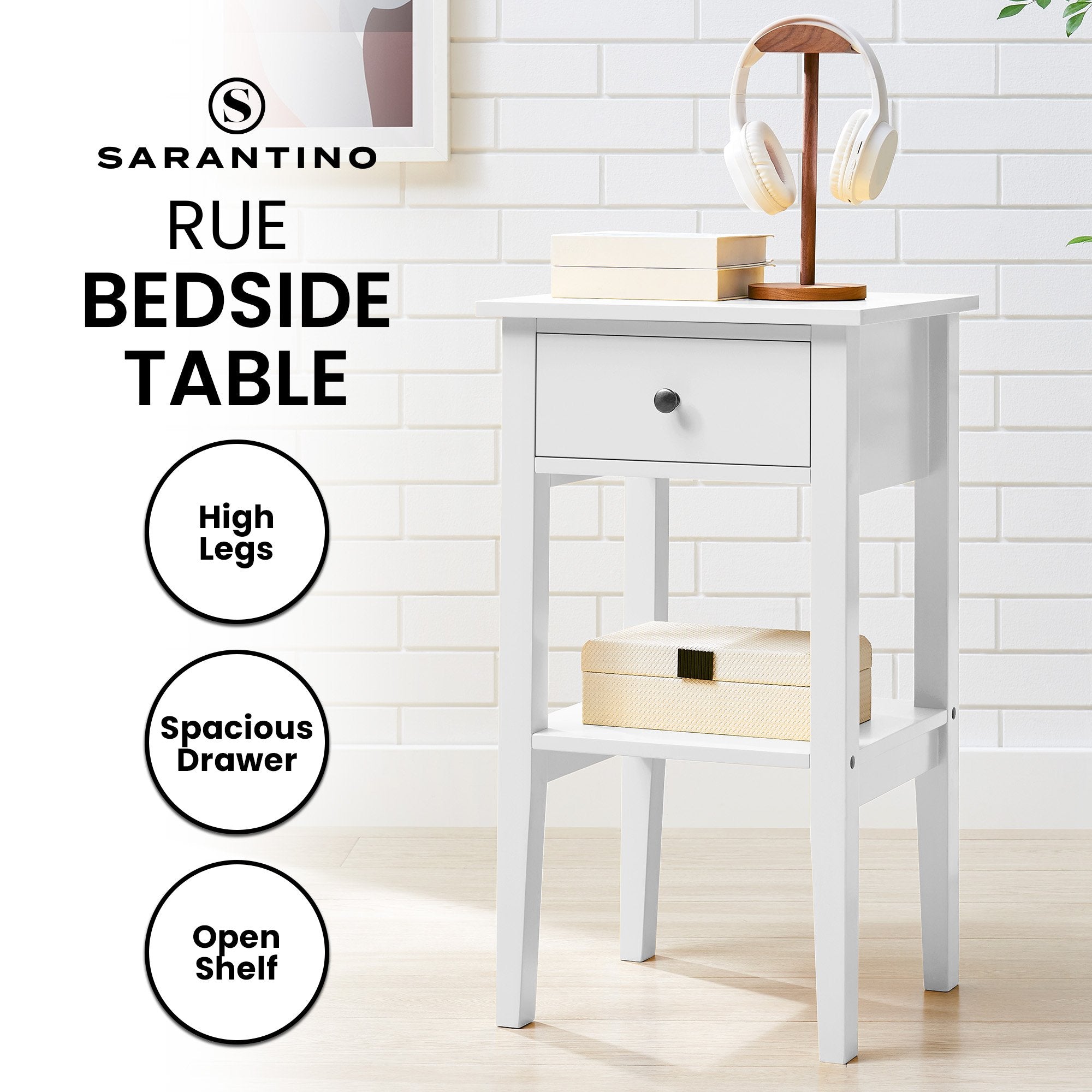 White High-Leg Bedside Table with Drawer & Shelf Storage