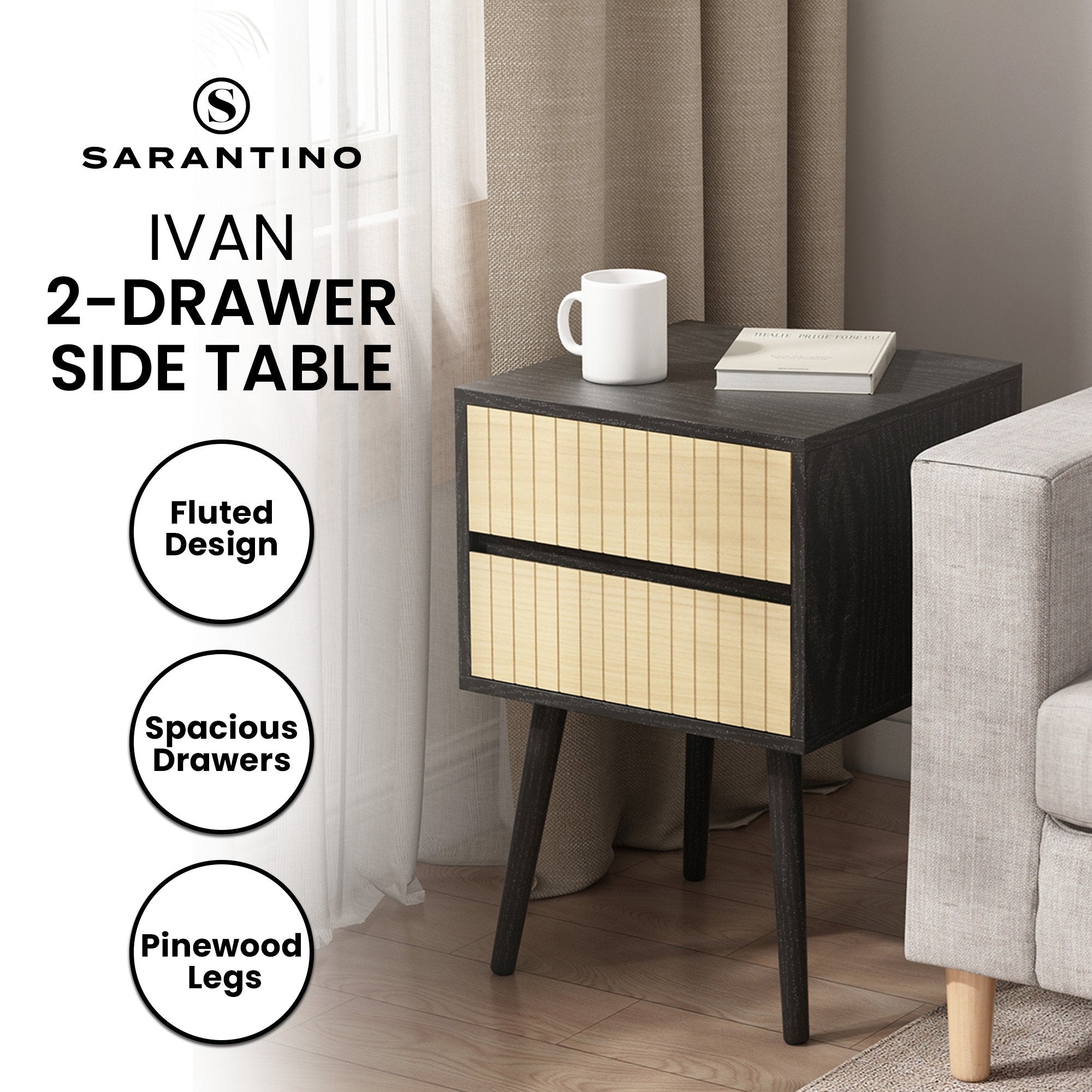 Modern Scandinavian 2-Drawer Bedside Table - Sarantino