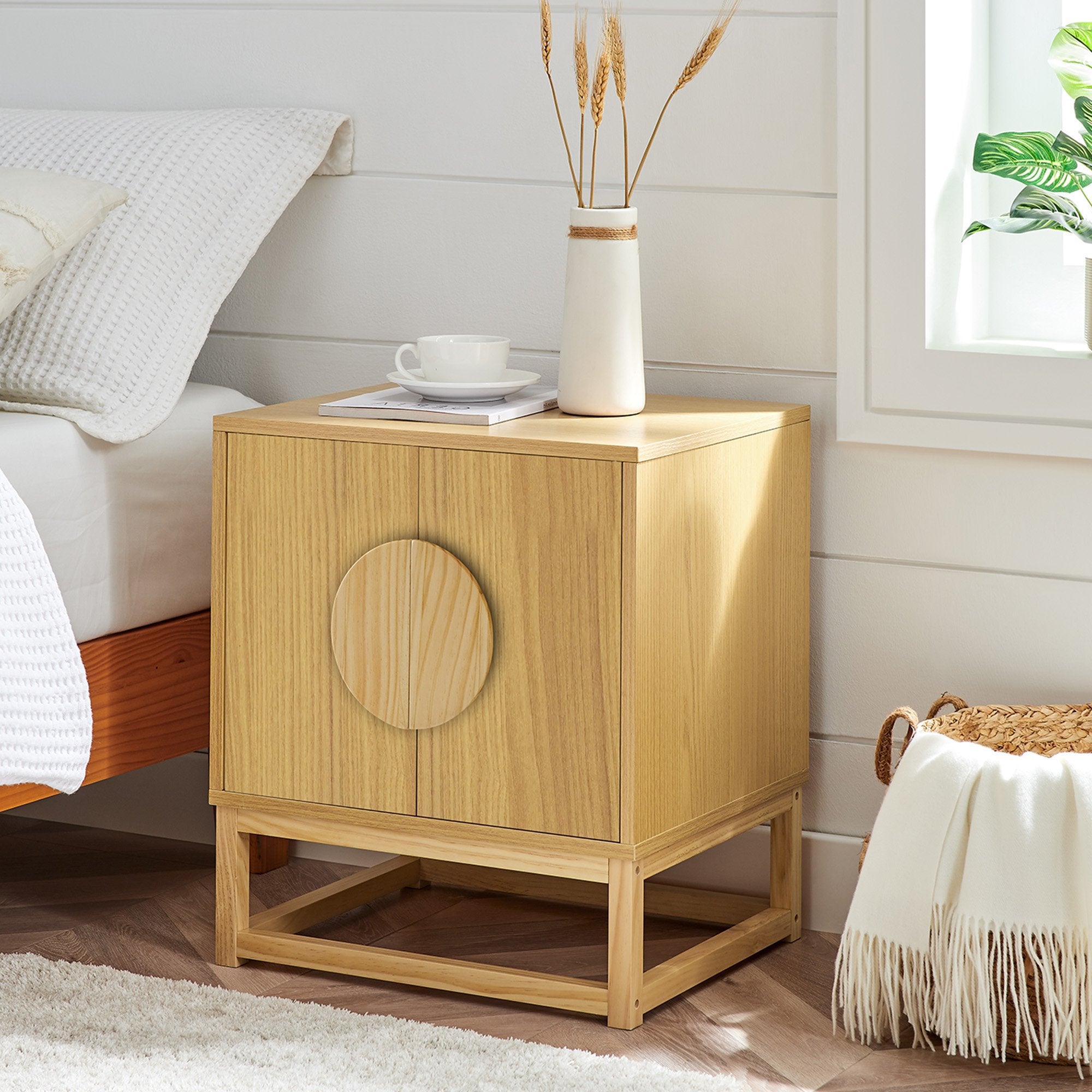 Natural Woodgrain Bedside Table, Split Door Shelf – Sarantino