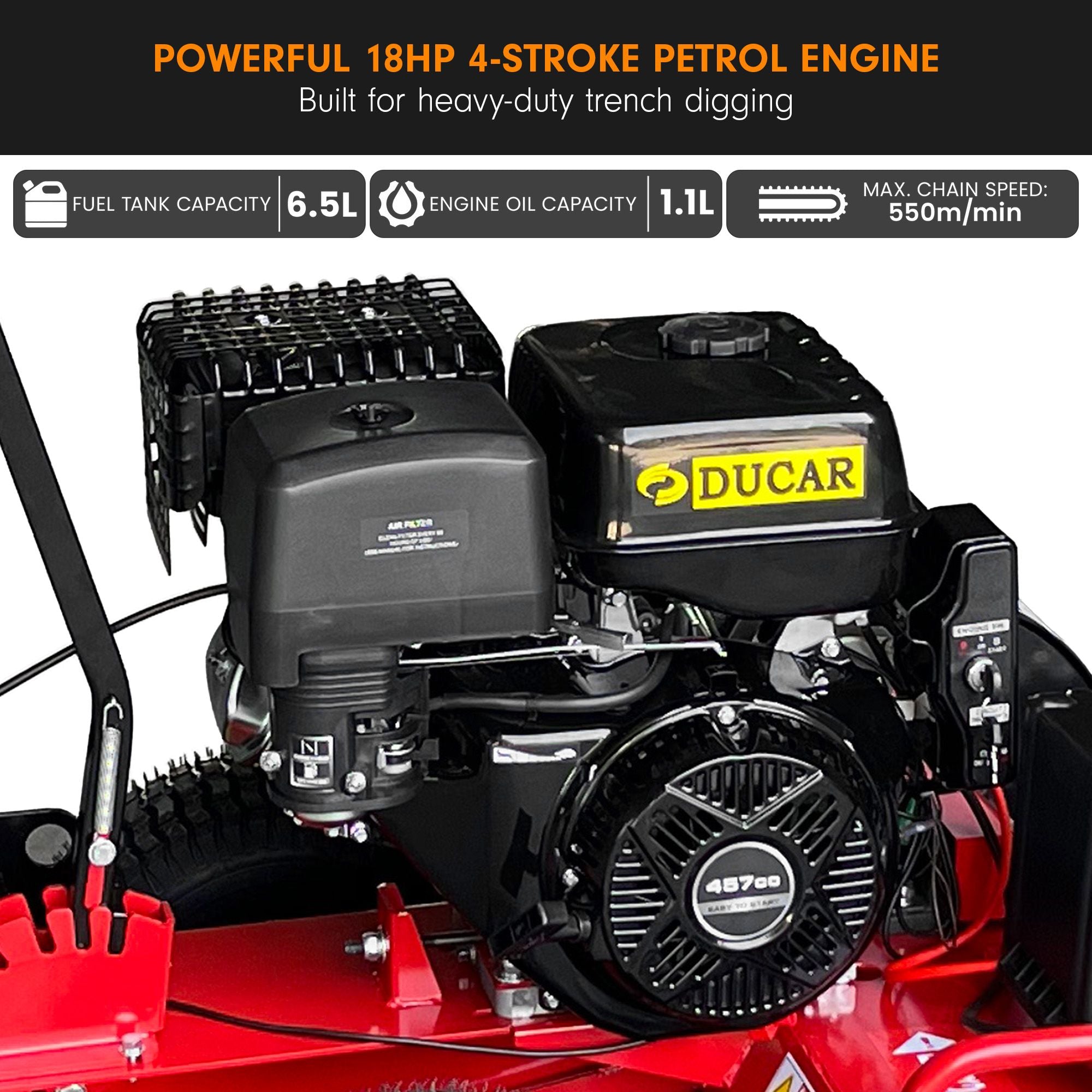 Ducar Trench Digger 457cc 18HP 4-Stroke Key Start, Petrol Trencher Machine