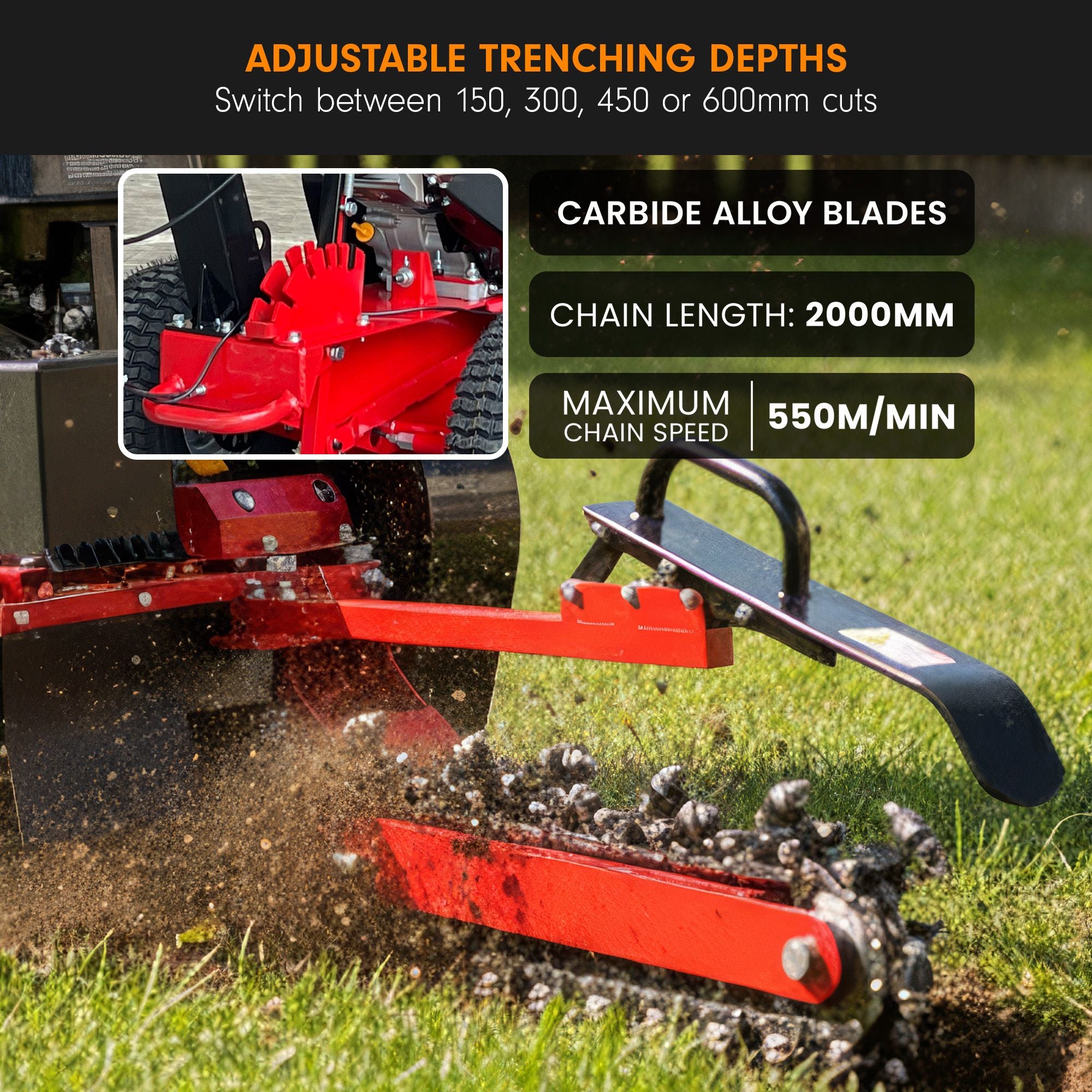 Ducar Trench Digger 457cc 18HP 4-Stroke Key Start, Petrol Trencher Machine