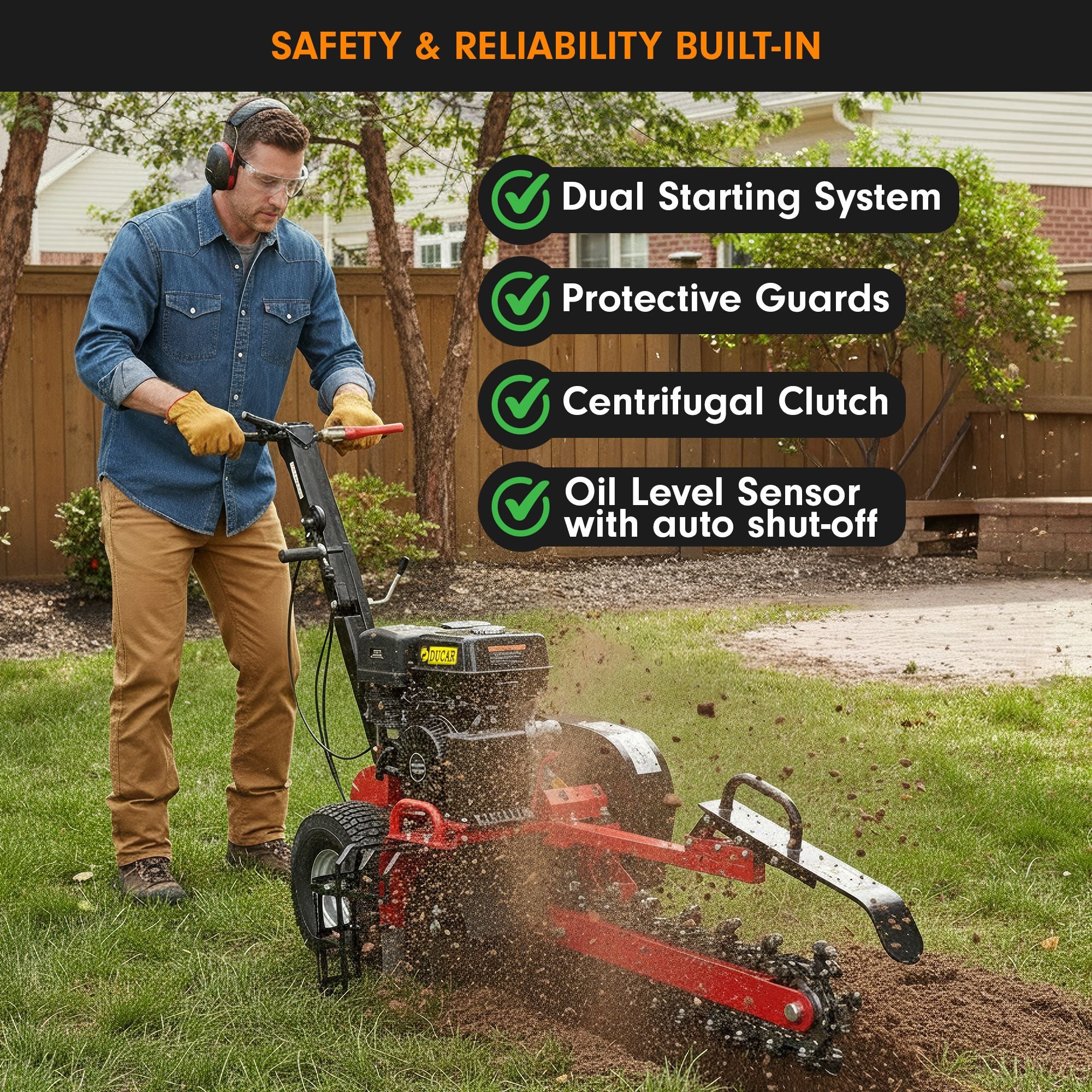 Ducar Trench Digger 457cc 18HP 4-Stroke Key Start, Petrol Trencher Machine