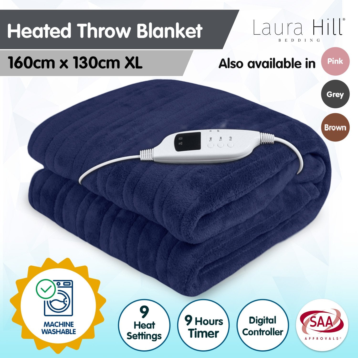 Soft Coral Fleece Electric Blanket, 9 Temps, 160x130cm, Laura Hill