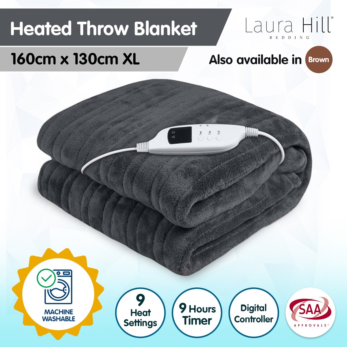 Soft Fleece Heated Electric Blanket, 9 Temp Settings, Grey - Laura Hill