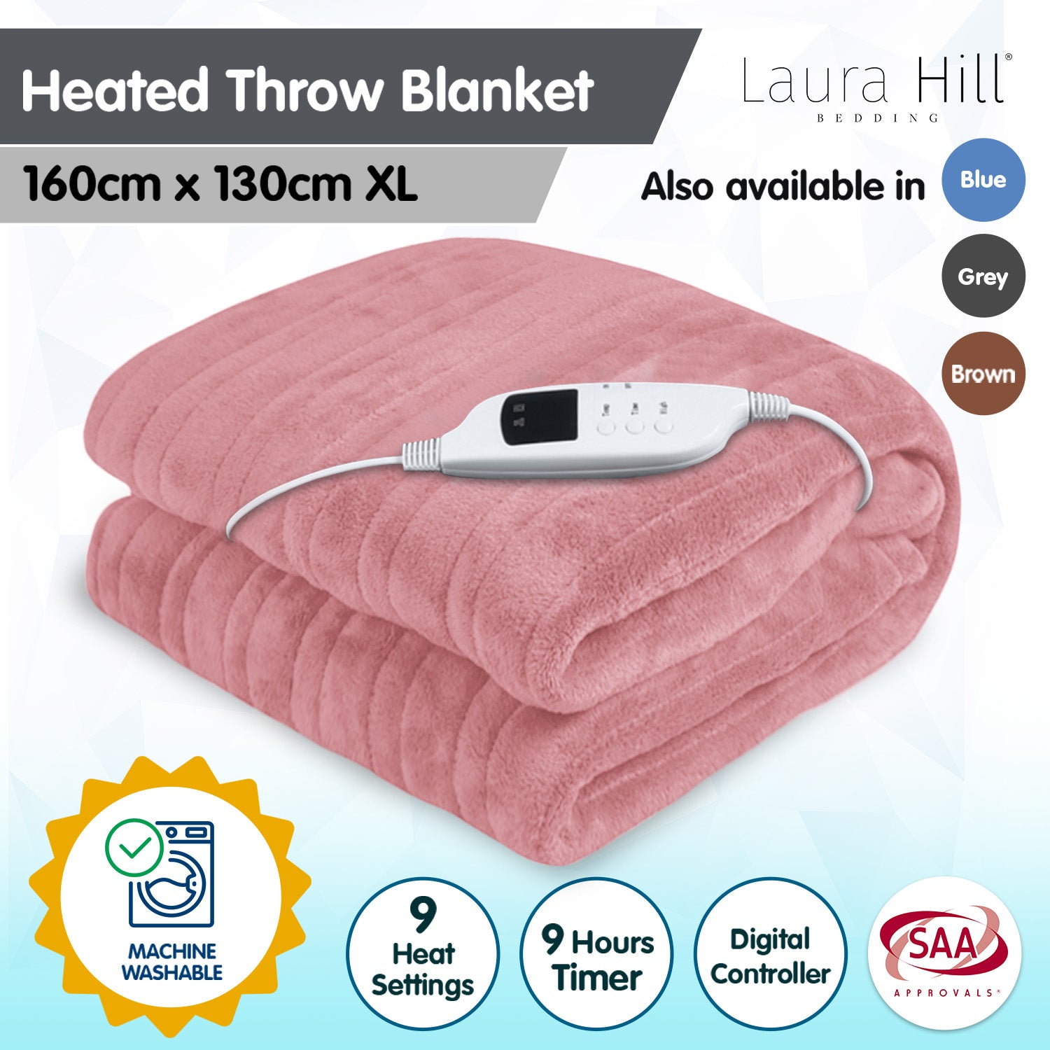 Soft Coral Fleece Heated Electric Blanket with Timer, Laura Hill