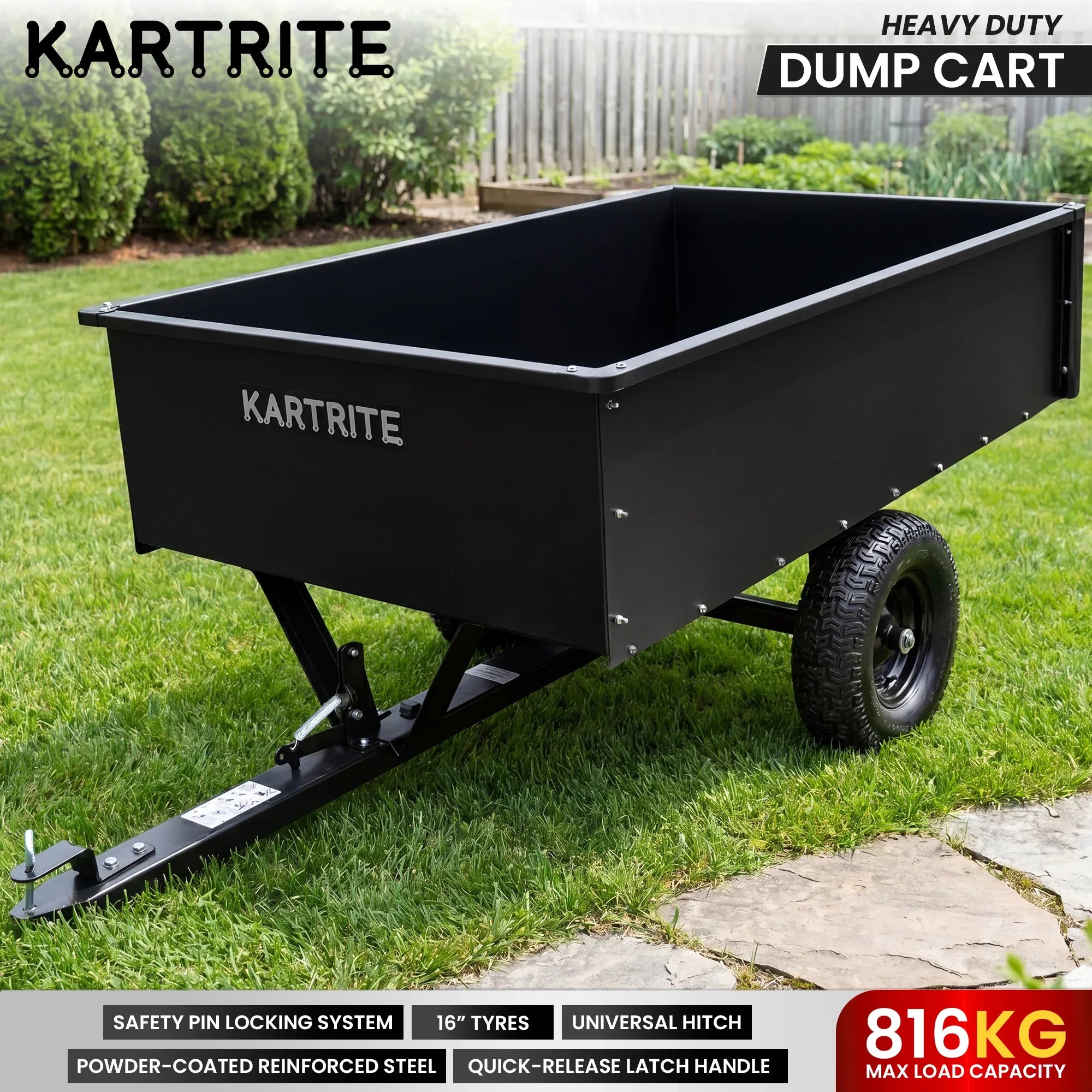 Kartrite 816kg Heavy-Duty Steel Dump Cart with Quick-Release Dumping Handle