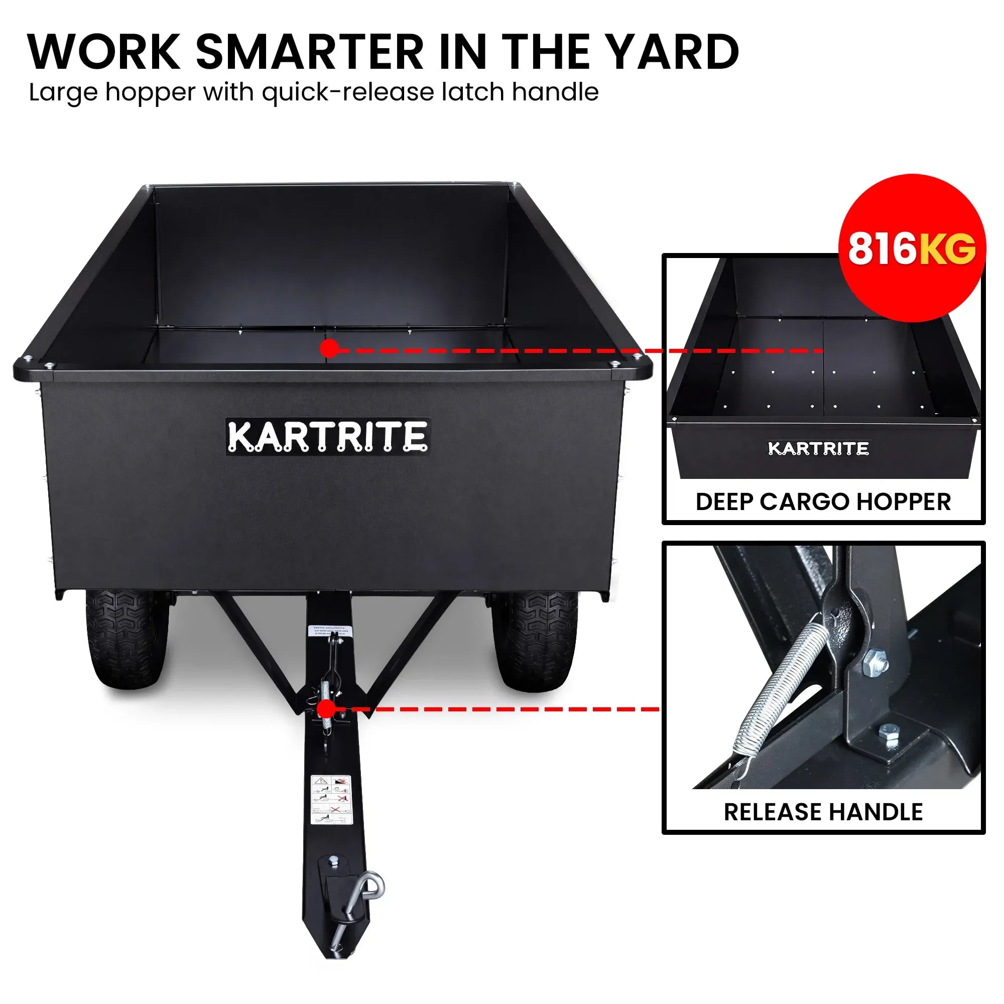 Kartrite 816kg Heavy-Duty Steel Dump Cart with Quick-Release Dumping Handle