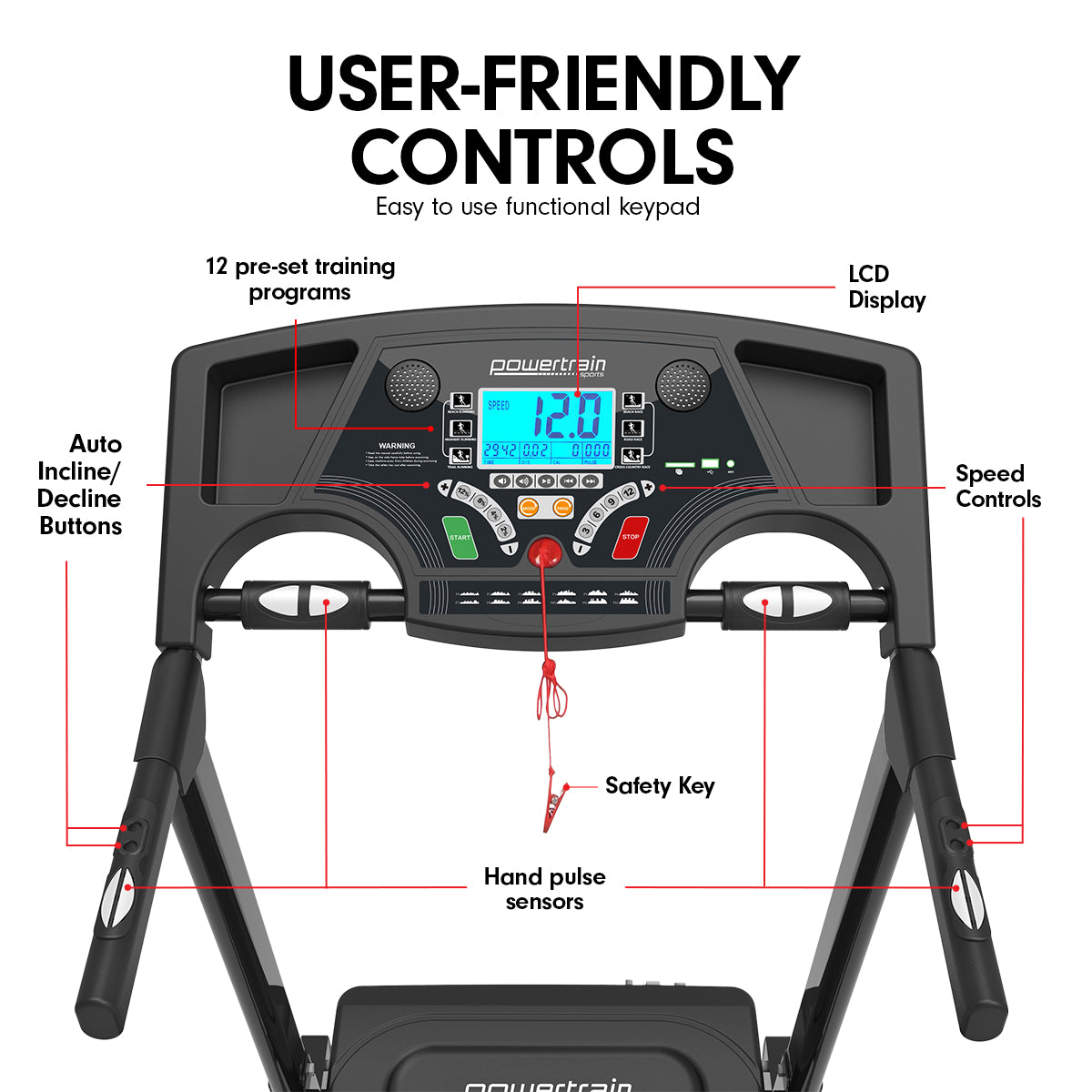 Foldable Electric Treadmill with 15 Levels Incline, 5in LCD - Powertrain