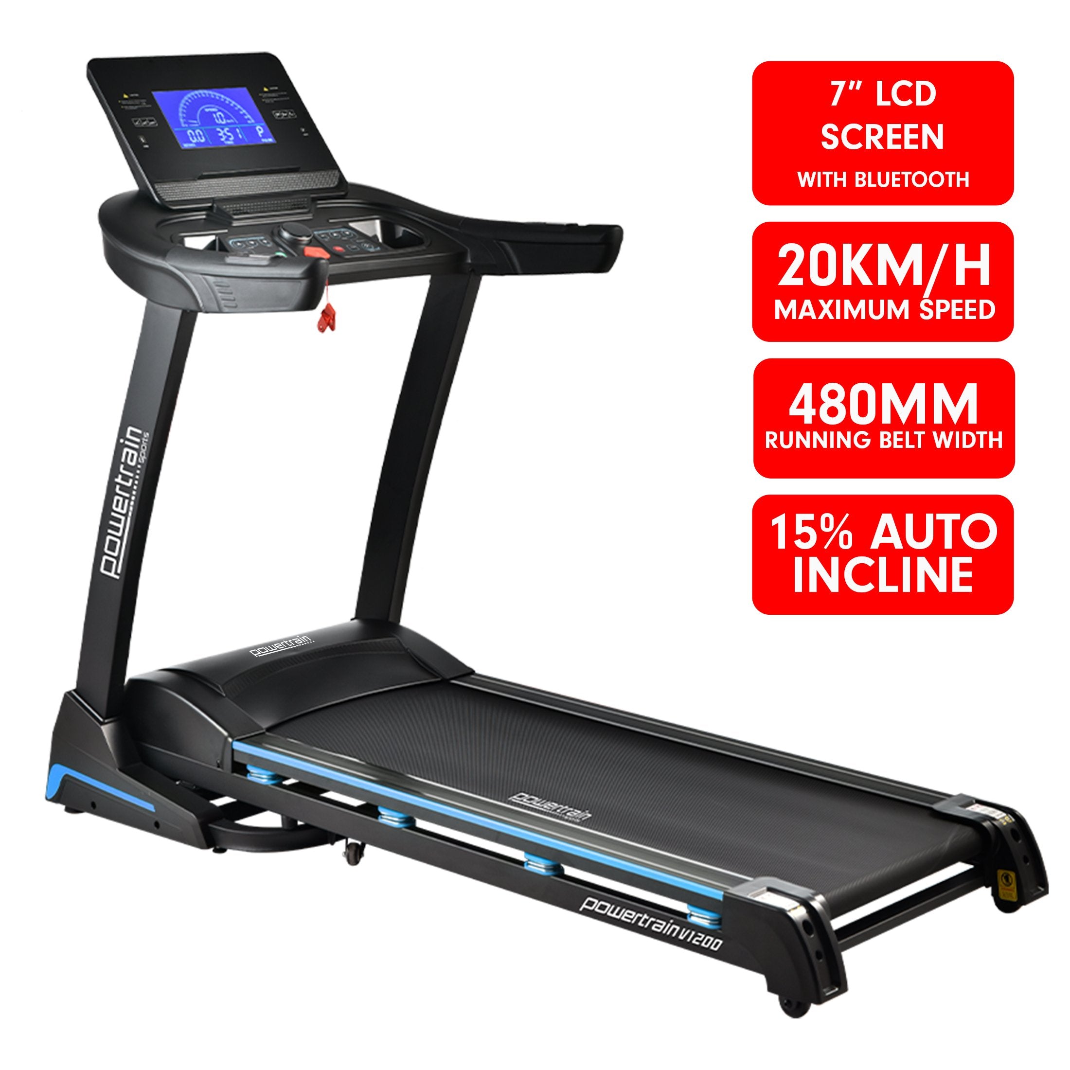 Shock-Absorbing V1200 Treadmill with Auto Incline, LCD Screen