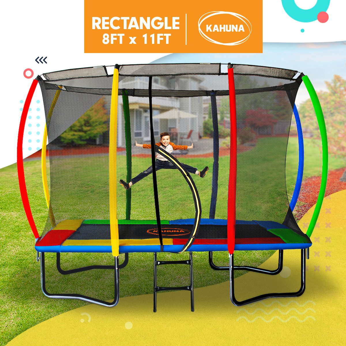 Kahuna 8x11ft Rectangular Trampoline Kids Rainbow Safety Net Ladder