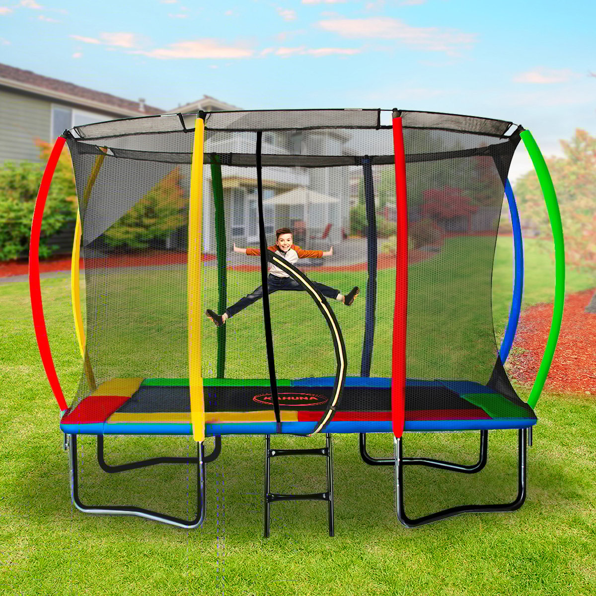 Kahuna 8x11ft Rectangular Trampoline Kids Rainbow Safety Net Ladder
