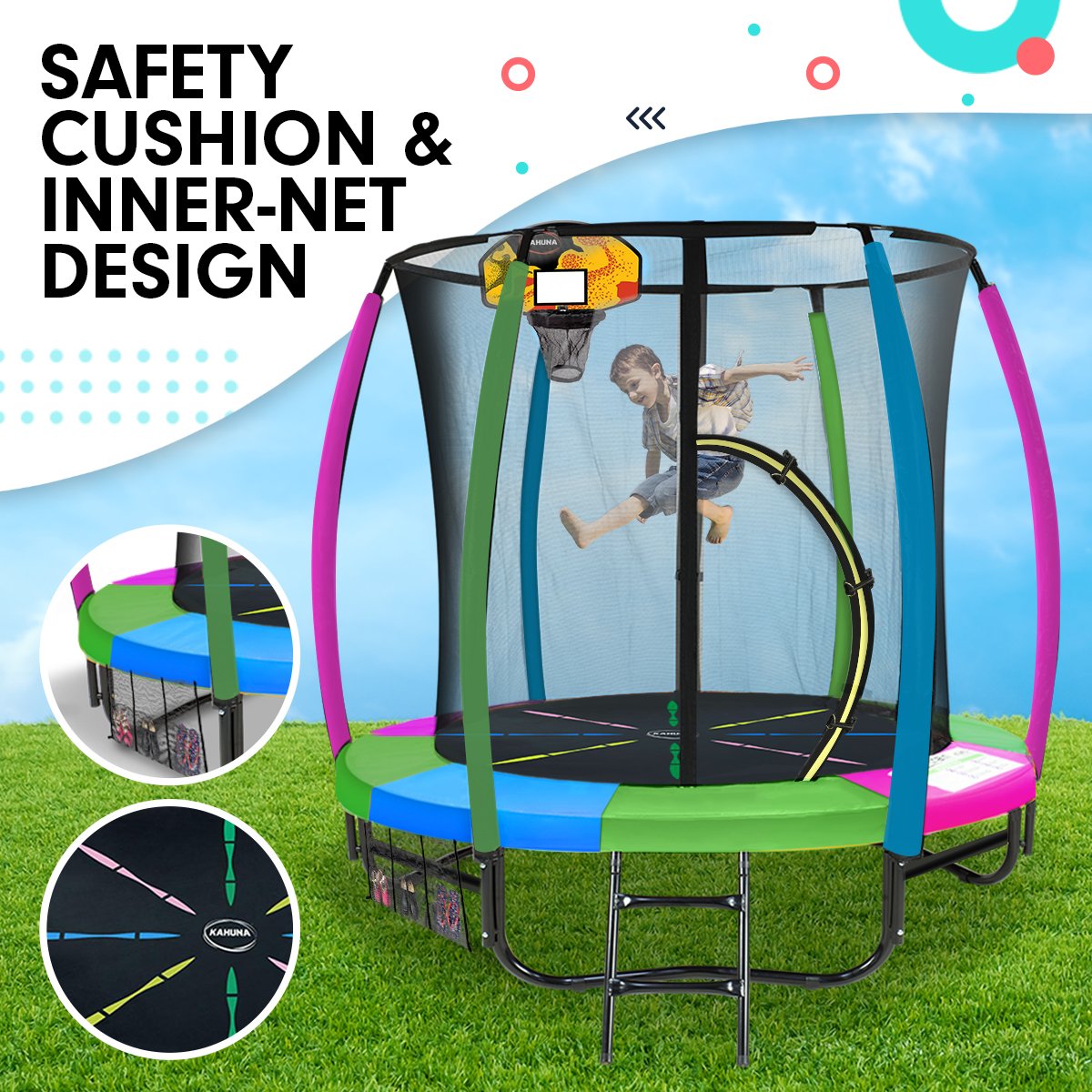 6ft Rainbow Trampoline Set, UV-Stabilised Safety Net, Heavy-Duty Steel Frame, Kahuna