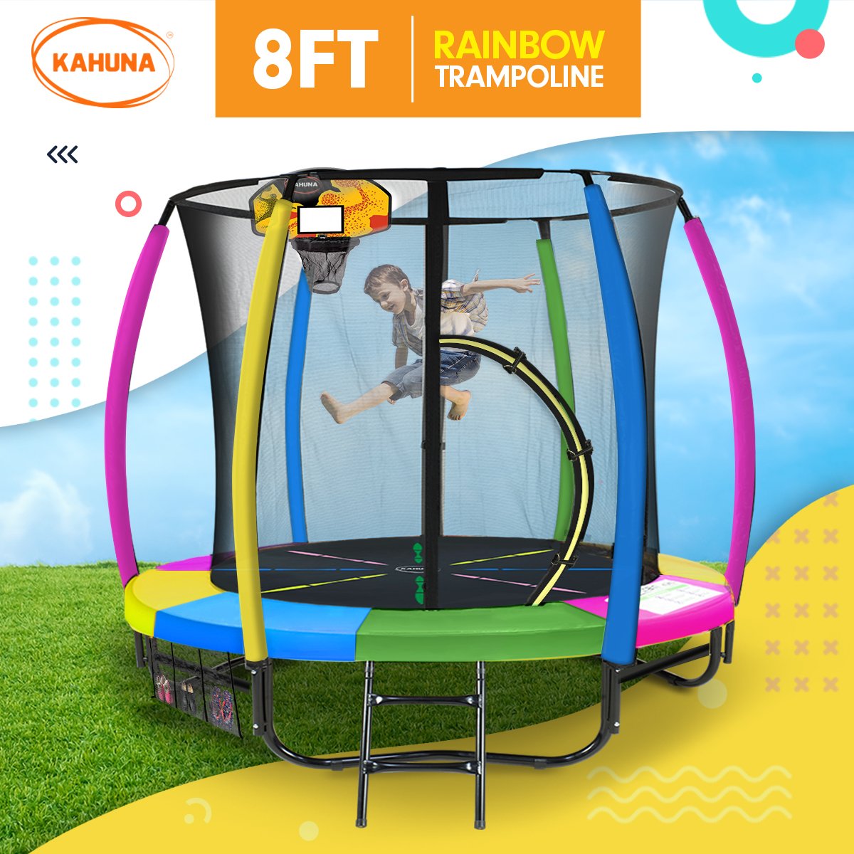 8ft Heavy-Duty Outdoor Kids Trampoline with Safety Net & Hoop - Kahuna