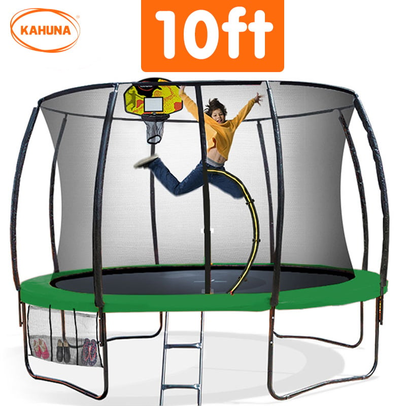 10ft Green Outdoor Trampoline with Safety Net, Ladder & Basketball Set Kahuna