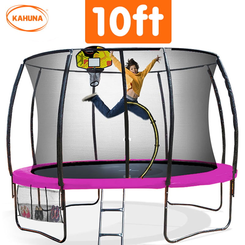 Heavy Duty 10ft Outdoor Trampoline with Safety Net, Pad, Ladder, Basketball Hoop - Kahuna