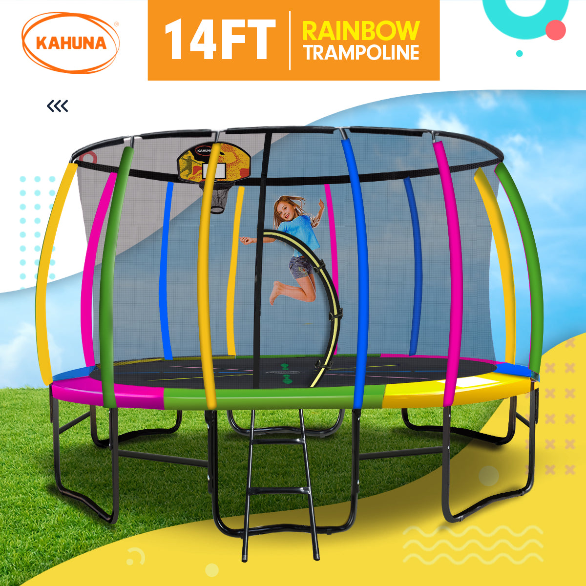 14ft Outdoor Trampoline with Safety Net, Ladder & Basketball Set - Kahuna