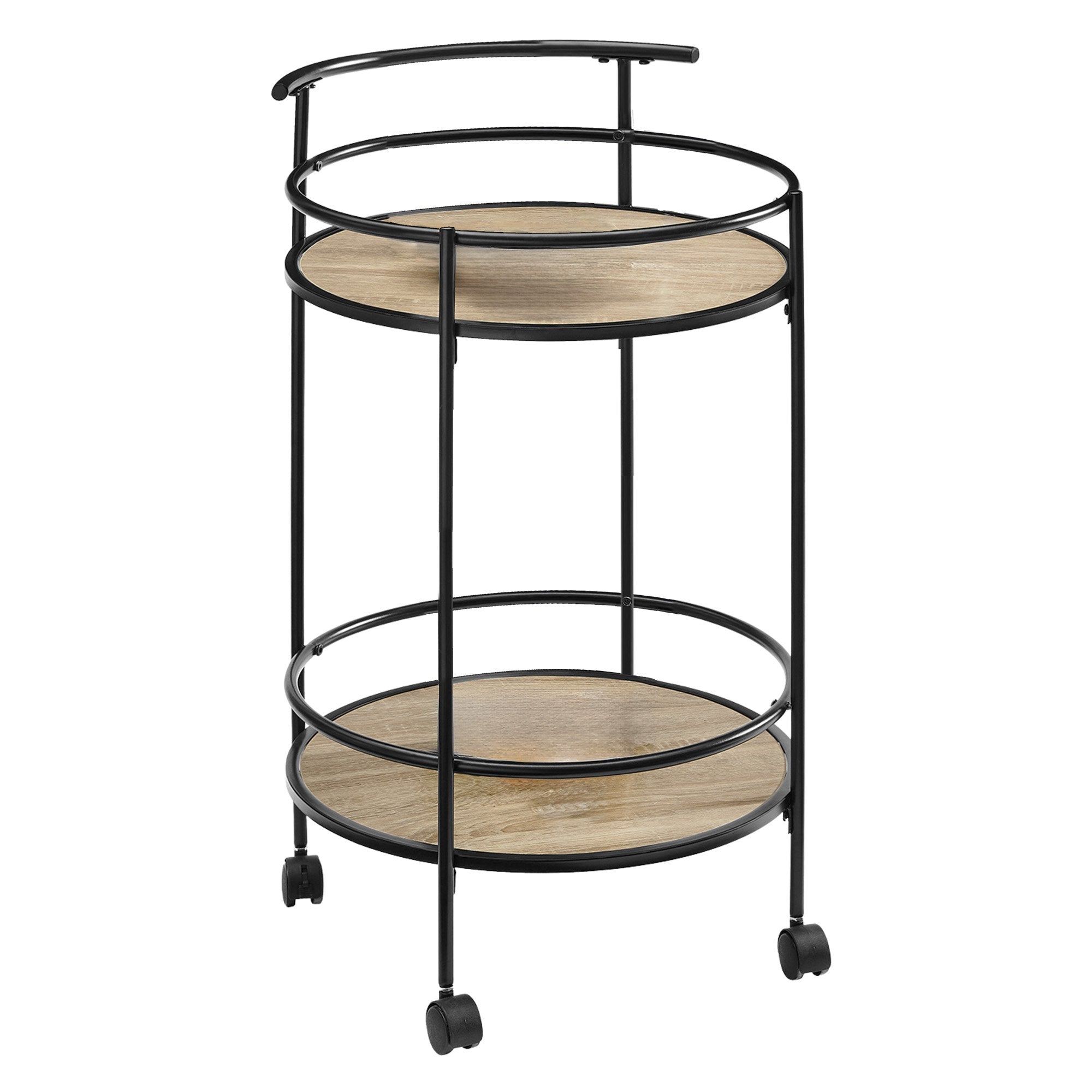 Grey Oak Round Mini Bar Cart Caddy, Metal Frame - Sarantino