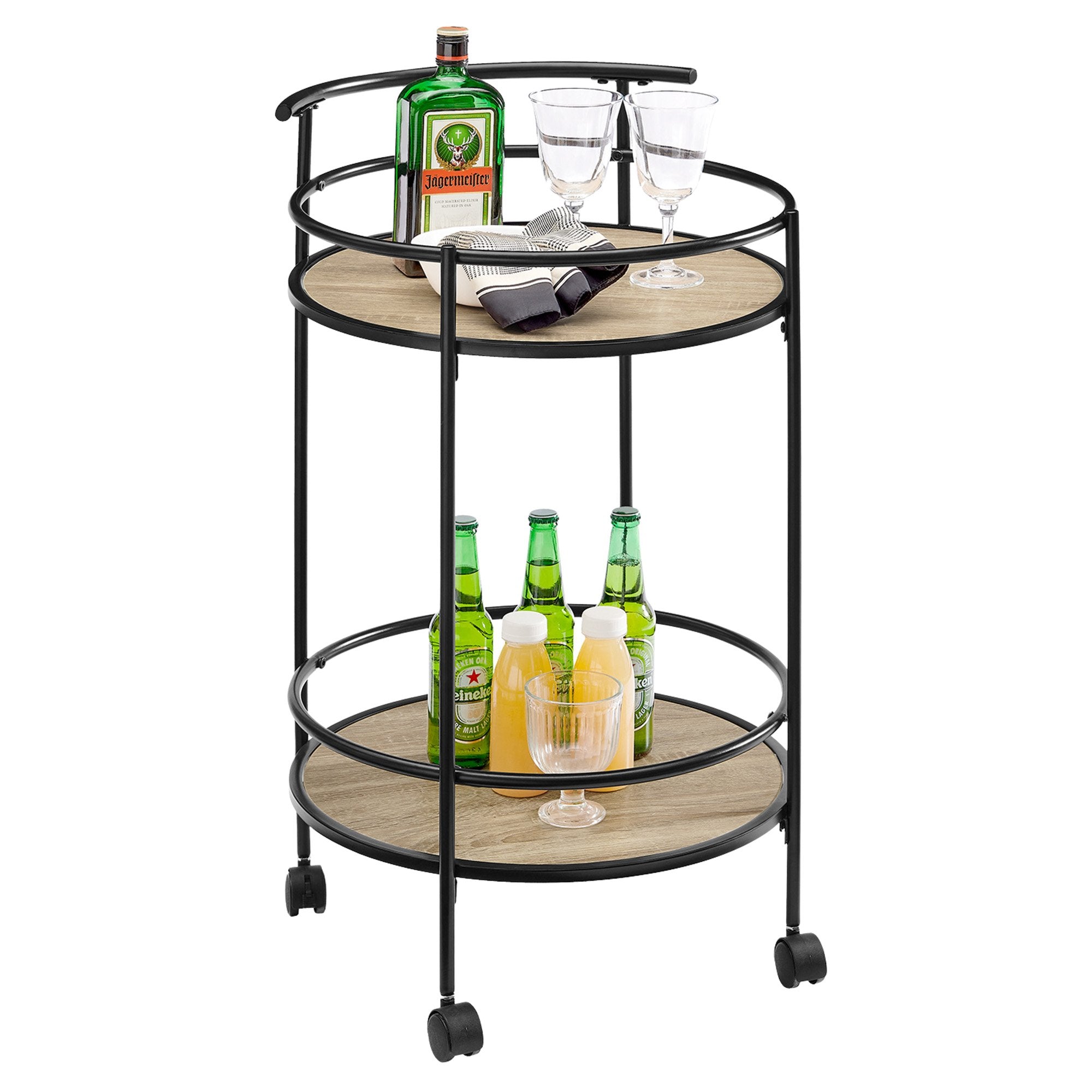 Grey Oak Round Mini Bar Cart Caddy, Metal Frame - Sarantino