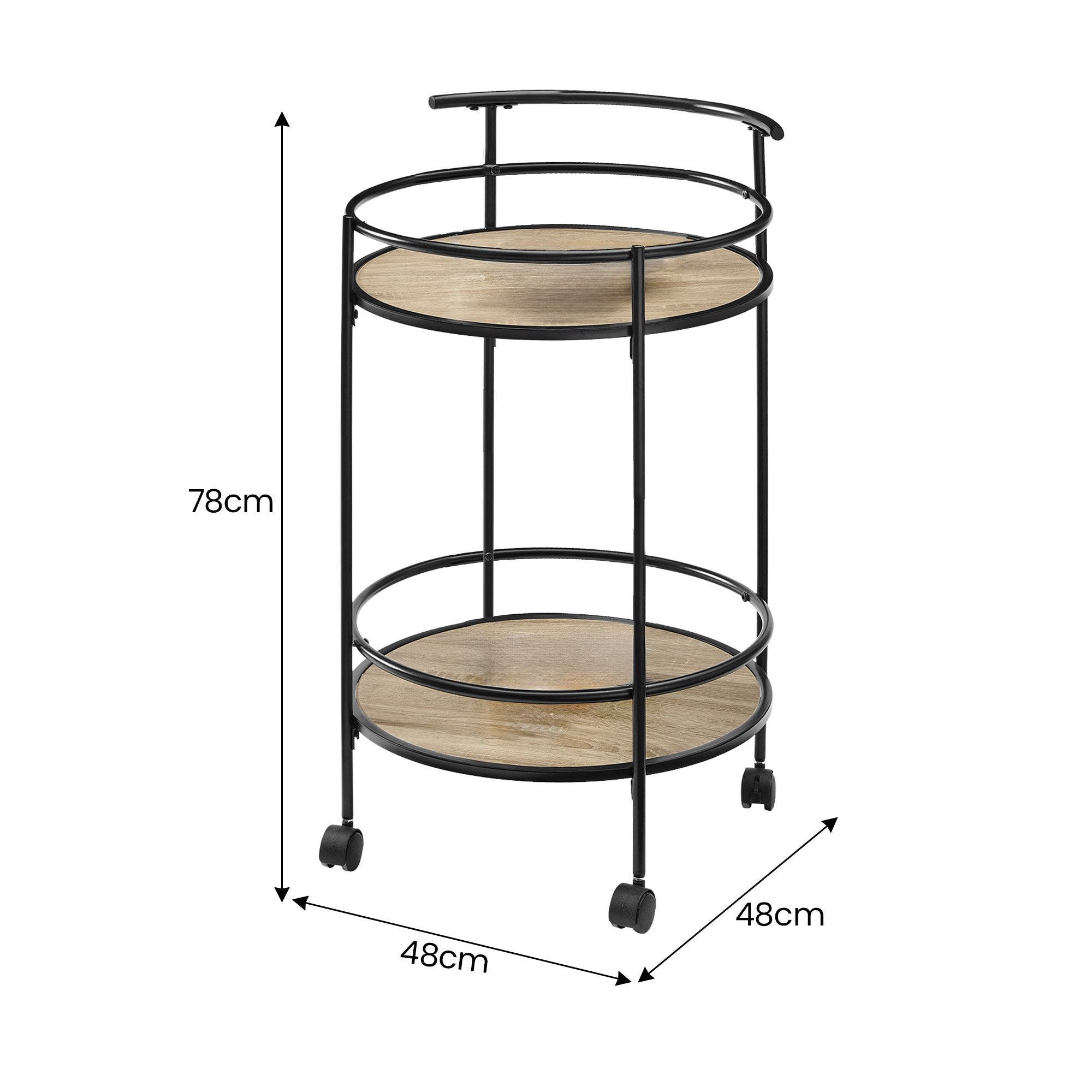 Grey Oak Round Mini Bar Cart Caddy, Metal Frame - Sarantino