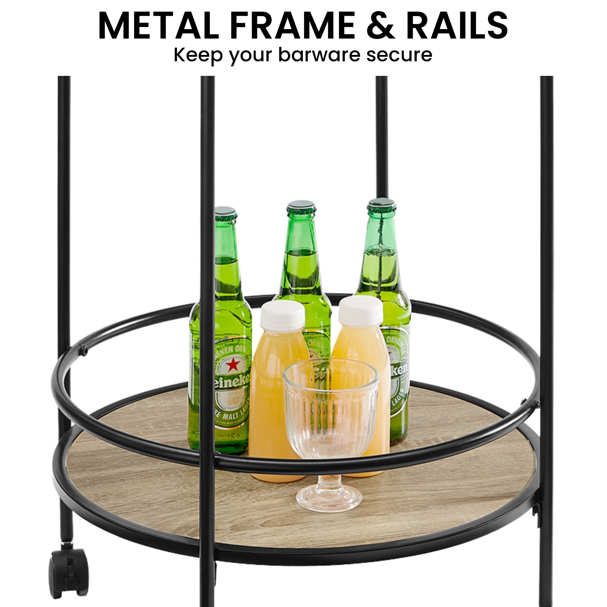 Grey Oak Round Mini Bar Cart Caddy, Metal Frame - Sarantino