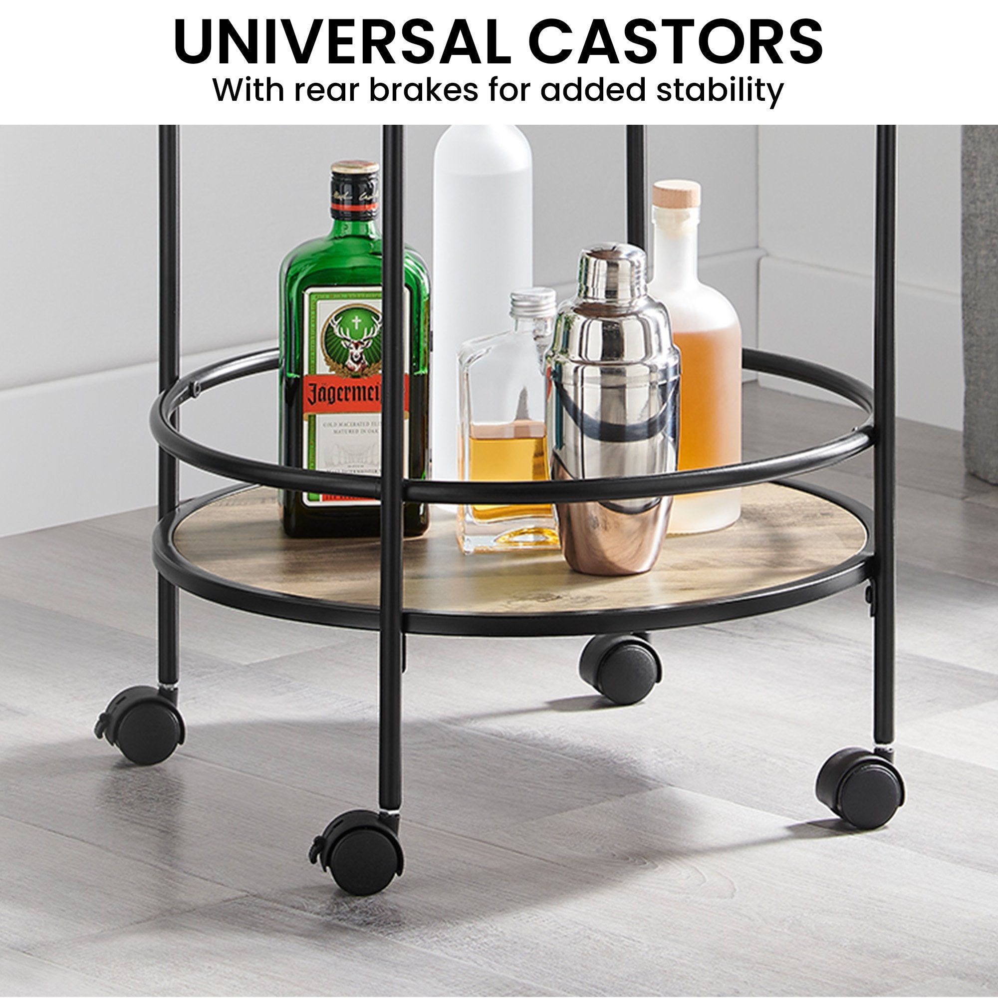 Grey Oak Round Mini Bar Cart Caddy, Metal Frame - Sarantino