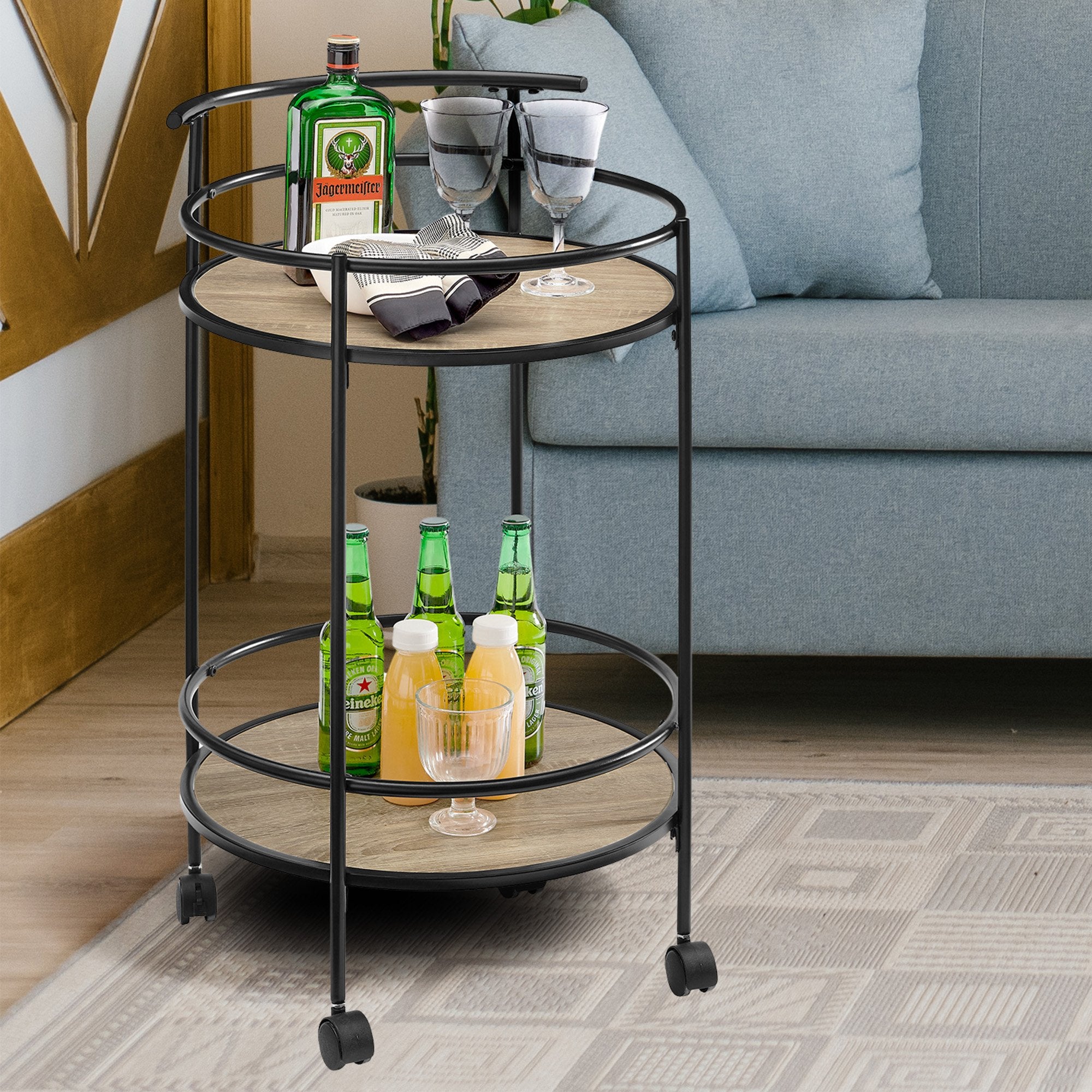 Grey Oak Round Mini Bar Cart Caddy, Metal Frame - Sarantino