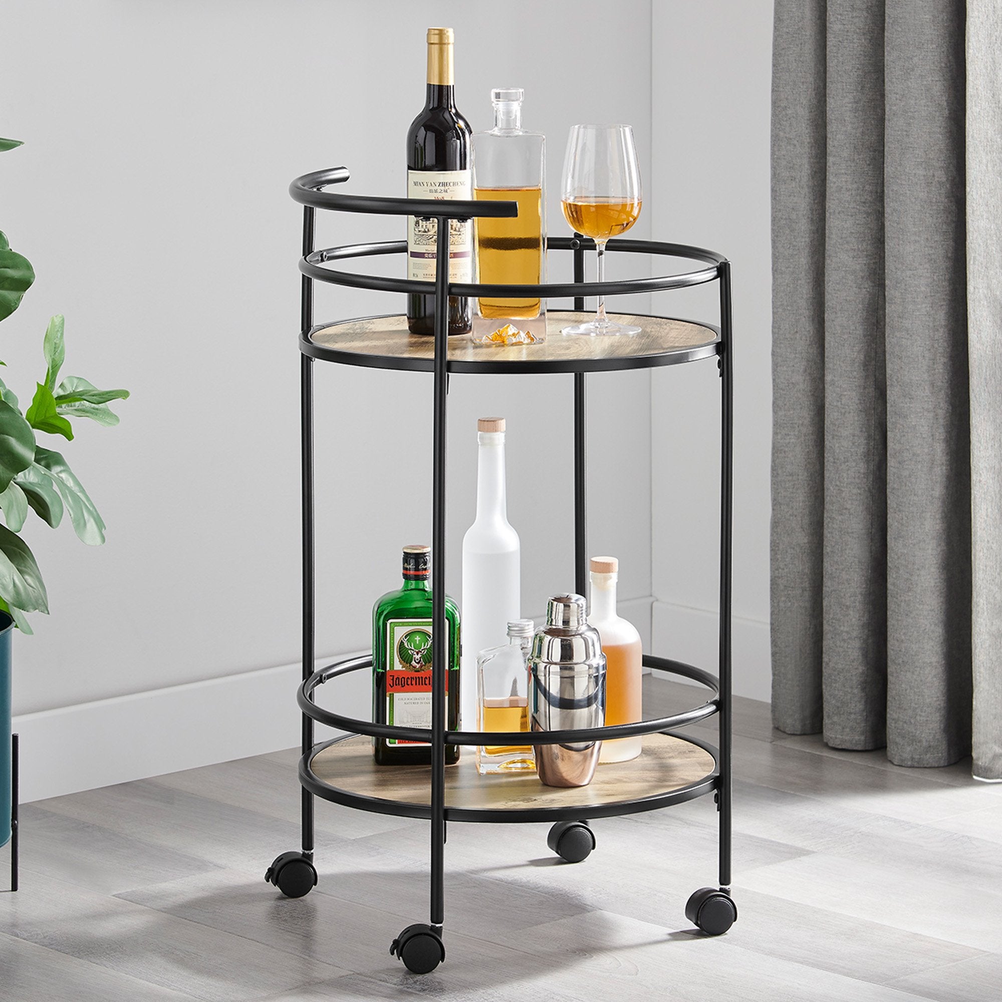 Grey Oak Round Mini Bar Cart Caddy, Metal Frame - Sarantino