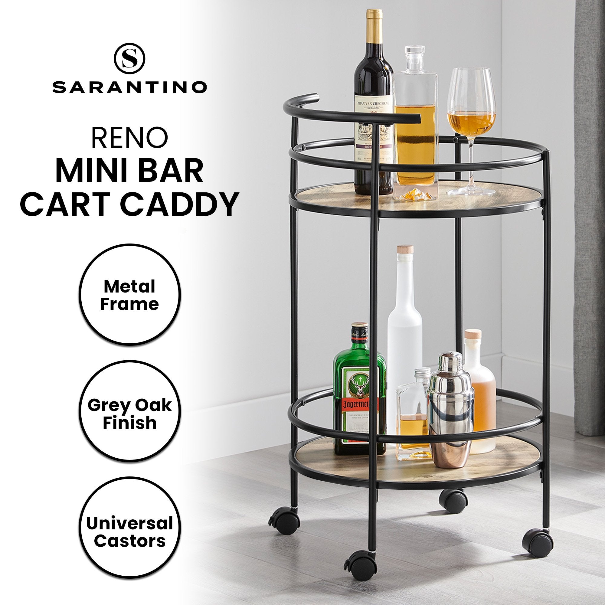 Grey Oak Round Mini Bar Cart Caddy, Metal Frame - Sarantino