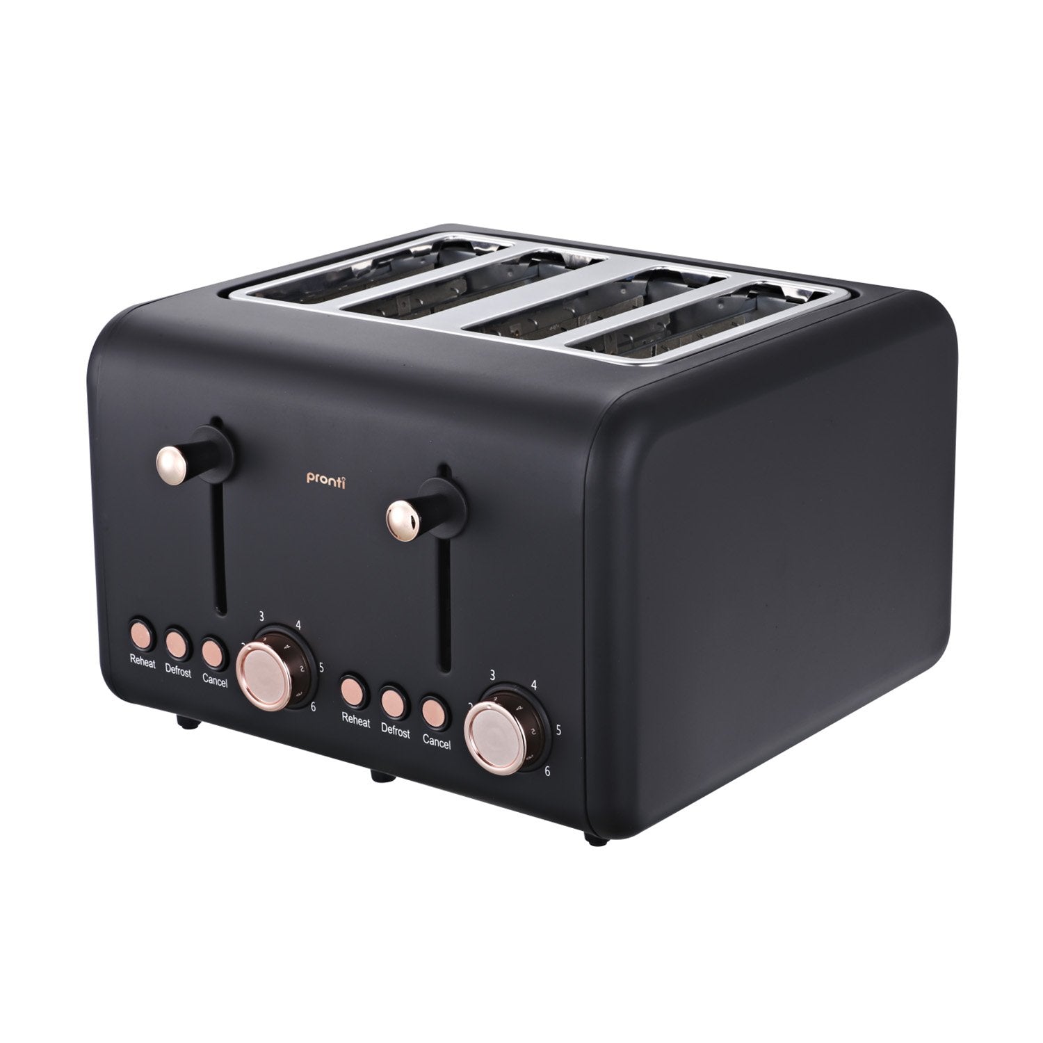 4-Slice Matte Black Toaster w/ Rose Gold, 6 Settings - Pronti