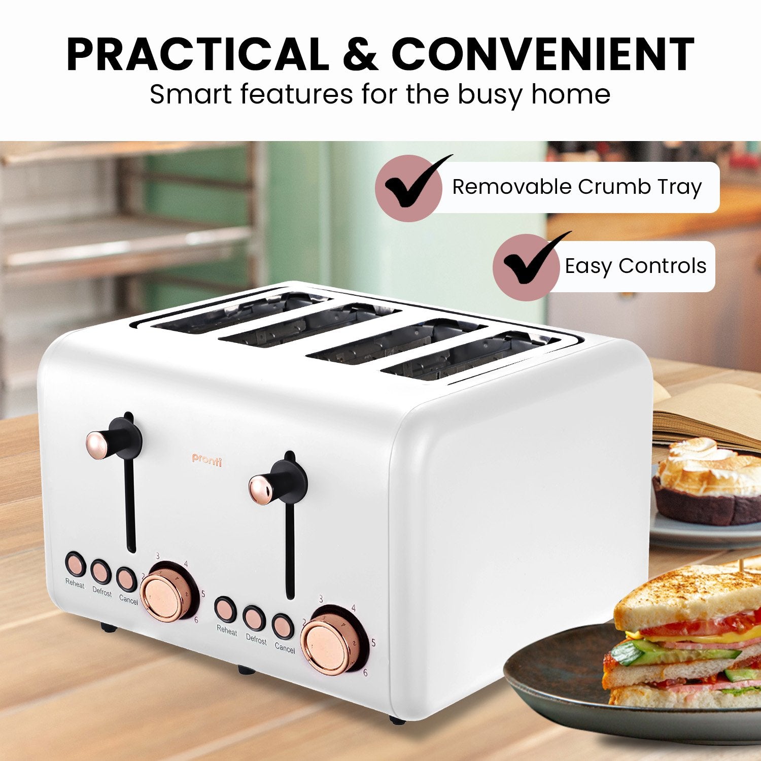 Stainless Steel 4-Slice Toaster w/Rose Gold Trim, 6 Settings