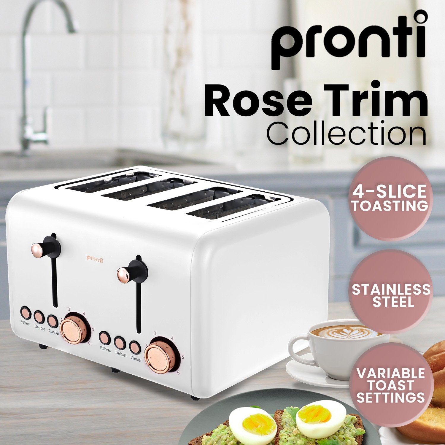 Stainless Steel 4-Slice Toaster w/Rose Gold Trim, 6 Settings