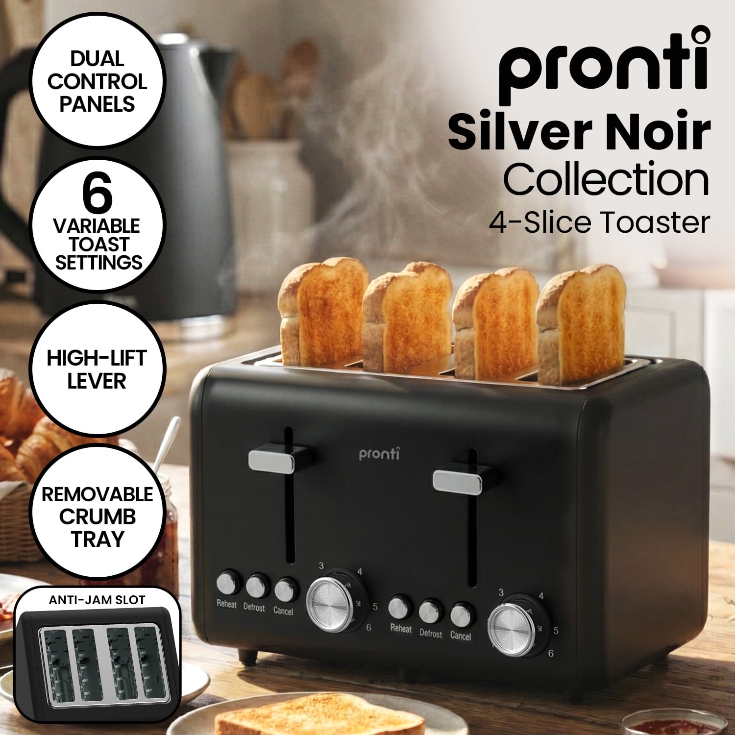 Pronti Silver Noir Collection 4 Slice Toaster with Dual Controls