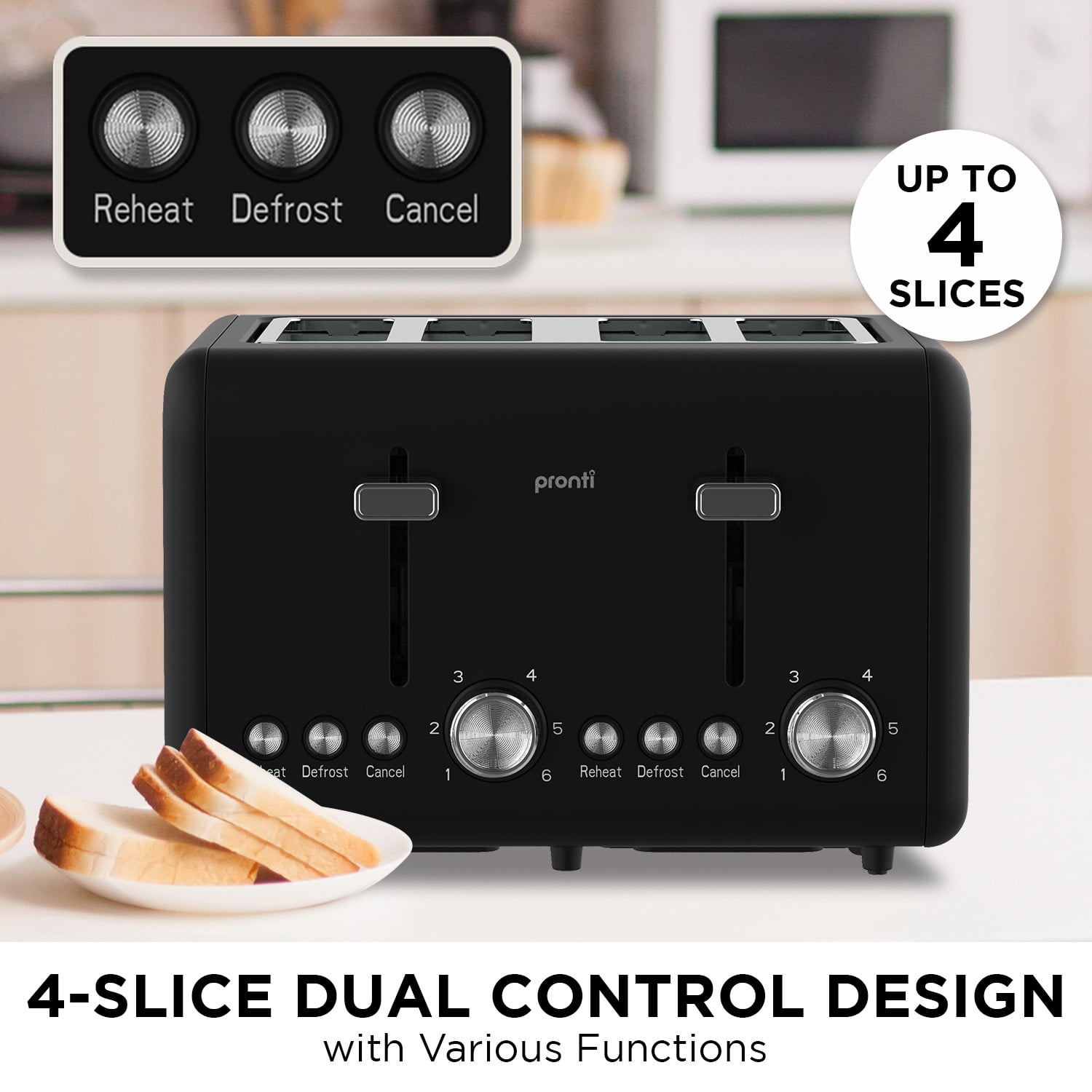 Pronti Silver Noir Collection 4 Slice Toaster with Dual Controls
