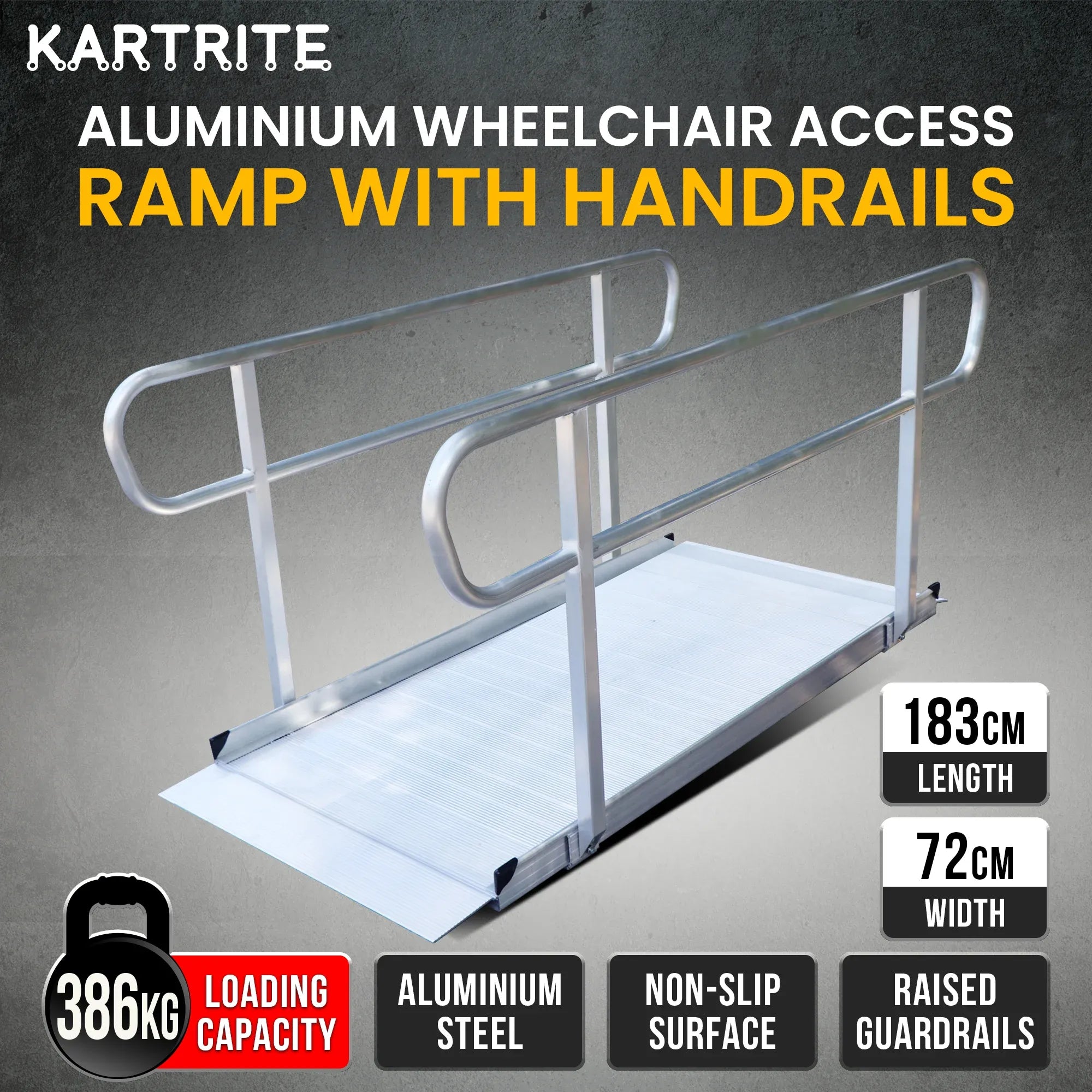 Kartrite 6ft Aluminium Wheelchair Ramp with Handrails 386kg Capacity 72cm Width