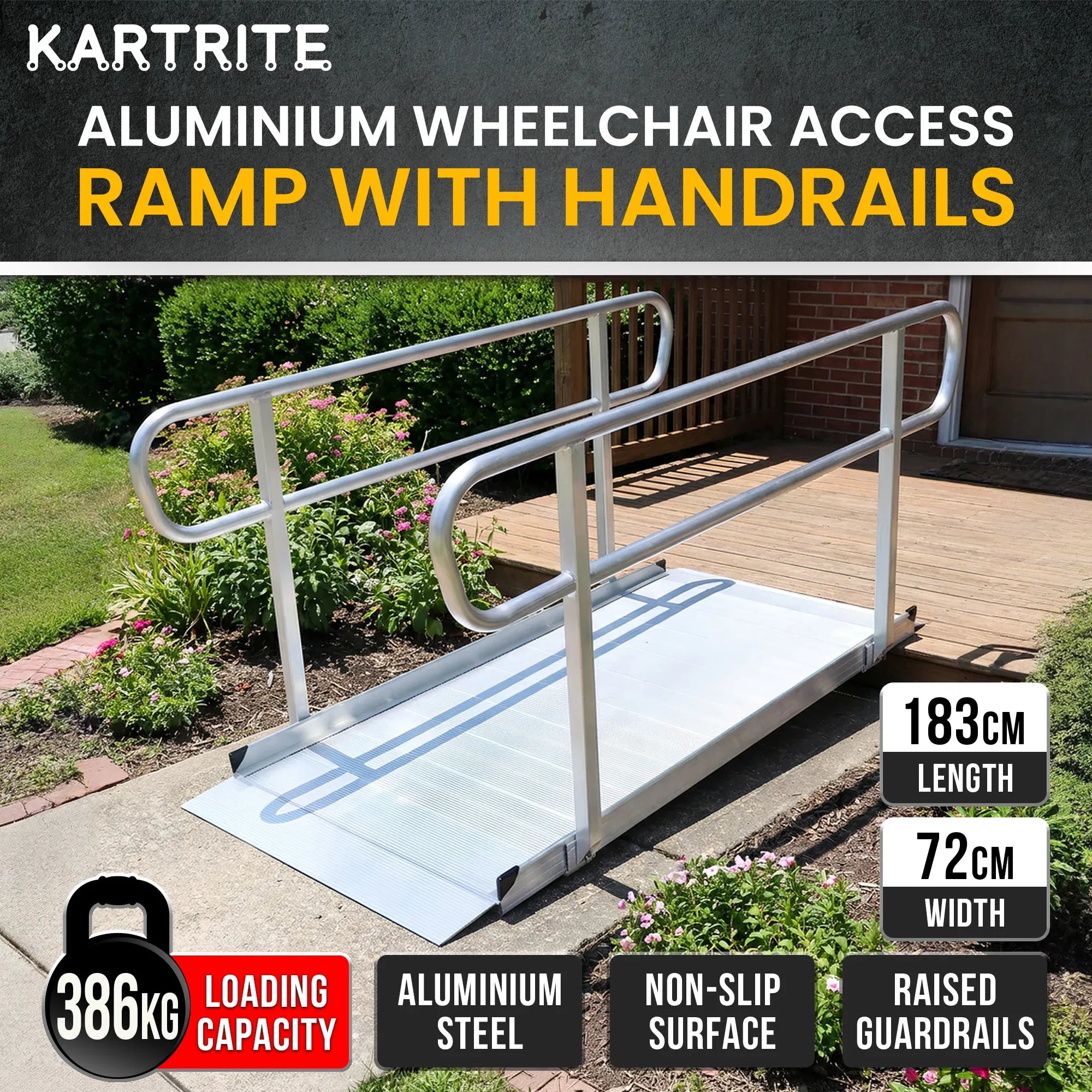 Kartrite 6ft Aluminium Wheelchair Ramp with Handrails 386kg Capacity 72cm Width